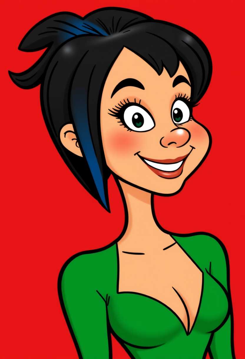 This image is a stylized caricature of a persons profile. The art style is reminiscent of pop art, with its bold outlines, flat colors, and exaggerated features. The medium appears to be a digital illustration, given the crisp lines and the uniformity of the colors.The subject of the caricature is wearing a green low cut neckline dress.The hair is black, with a distinctive blue streak that runs vertically down the center of the head. The hair is drawn with thick, black lines that give it a threedimensional appearance.The background is a solid red color, which contrasts sharply with the subjects skin tone, which is a light peach or tan. The red background serves to highlight the subject and give the image a vibrant feel.The subjects facial features are exaggerated for comedic effect. The eyes are large and white with black pupils, and they are looking to the side. The eyebrows are thick and black, with a slight upward curve that gives the eyes a surprised or inquisitive expression. The nose is short with a prominent, hooked tip. The mouth is turned up into a wide smile, with the teeth showing, and the cheeks are puffed out slightly, adding to the jovial expression.The overall effect of the image is playful and humorous, with a strong emphasis on the subjects facial expression and the use of bright, contrasting colors.