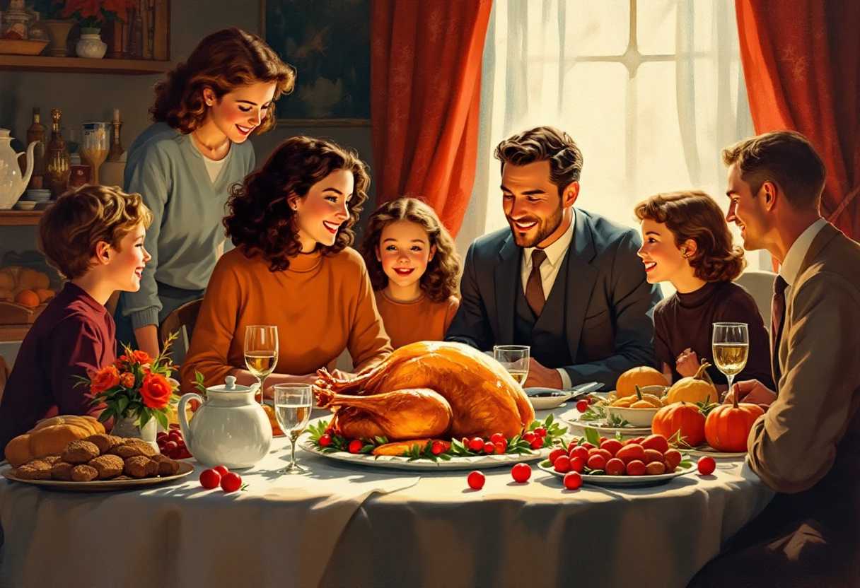 This image is a richly detailed illustration that captures a moment of a family gathering around a dining table. The art style is reminiscent of mid20th century American illustrations, characterized by its smooth rendering, warm tones, and the meticulous attention to detail. The medium appears to be oil painting, given the texture and the way the light plays across the surfaces.The colors are warm and inviting, with a palette that includes deep reds, rich browns, and creamy whites. The red curtains and the red flowers in the vase provide a pop of color that contrasts with the more subdued tones of the rest of the scene. The light source seems to be coming from the window on the right, casting a warm glow on the turkey and the faces of the people, creating a cozy atmosphere.The objects in the image are numerous and carefully placed to create a sense of depth and movement. At the center of the table, there is a large roasted turkey, its skin goldenbrown and crisped to perfection, garnished with what appears to be cranberries. The turkey is the focal point of the image, drawing the eye and suggesting the celebration of a special occasion, likely Thanksgiving.Around the turkey, there are several white dinner plates, each with a clear glass of water beside it. The tablecloth is pristine and white, providing a stark contrast to the warm tones of the meal and the people. The table setting is simple yet elegant, with no distractions from unnecessary items, emphasizing the importance of the meal and the gathering.On the far left, there is a woman in a white blouse, her hair neatly styled, looking away from the viewer, perhaps lost in thought or conversation. To her right, a man in a dark suit and tie is presenting the turkey with a proud smile, his posture open and welcoming. Across from him, a woman in a blue dress with a white headband is looking at the turkey with anticipation. Next to her, another woman in a pink blouse is engaged in conversation, her attention directed towards the man in the suit. Completing the scene, there is a man in a white shirt and tie, his attention also on the turkey, his expression one of contentment and satisfaction.The overall impression is one of a closeknit family sharing a moment of joy and togetherness over a wellprepared meal, a scene that resonates with warmth, gratitude, and the simple pleasures of life.