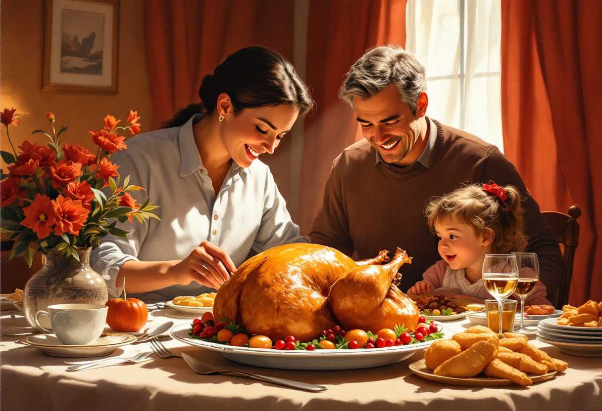 This image is a richly detailed illustration that captures a moment of a family gathering around a dining table. The art style is reminiscent of mid20th century American illustrations, characterized by its smooth rendering, warm tones, and the meticulous attention to detail. The medium appears to be oil painting, given the texture and the way the light plays across the surfaces.The colors are warm and inviting, with a palette that includes deep reds, rich browns, and creamy whites. The red curtains and the red flowers in the vase provide a pop of color that contrasts with the more subdued tones of the rest of the scene. The light source seems to be coming from the window on the right, casting a warm glow on the turkey and the faces of the people, creating a cozy atmosphere.The objects in the image are numerous and carefully placed to create a sense of depth and movement. At the center of the table, there is a large roasted turkey, its skin goldenbrown and crisped to perfection, garnished with what appears to be cranberries. The turkey is the focal point of the image, drawing the eye and suggesting the celebration of a special occasion, likely Thanksgiving.Around the turkey, there are several white dinner plates, each with a clear glass of water beside it. The tablecloth is pristine and white, providing a stark contrast to the warm tones of the meal and the people. The table setting is simple yet elegant, with no distractions from unnecessary items, emphasizing the importance of the meal and the gathering.On the far left, there is a woman in a white blouse, her hair neatly styled, looking away from the viewer, perhaps lost in thought or conversation. To her right, a man in a dark suit and tie is presenting the turkey with a proud smile, his posture open and welcoming. Across from him, a woman in a blue dress with a white headband is looking at the turkey with anticipation. Next to her, another woman in a pink blouse is engaged in conversation, her attention directed towards the man in the suit. Completing the scene, there is a man in a white shirt and tie, his attention also on the turkey, his expression one of contentment and satisfaction.The overall impression is one of a closeknit family sharing a moment of joy and togetherness over a well-prepared meal, a scene that resonates with warmth, gratitude, and the simple pleasures of life.