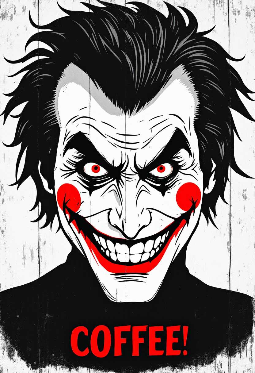 Intense Jokerlike Figure with COFFEE Text