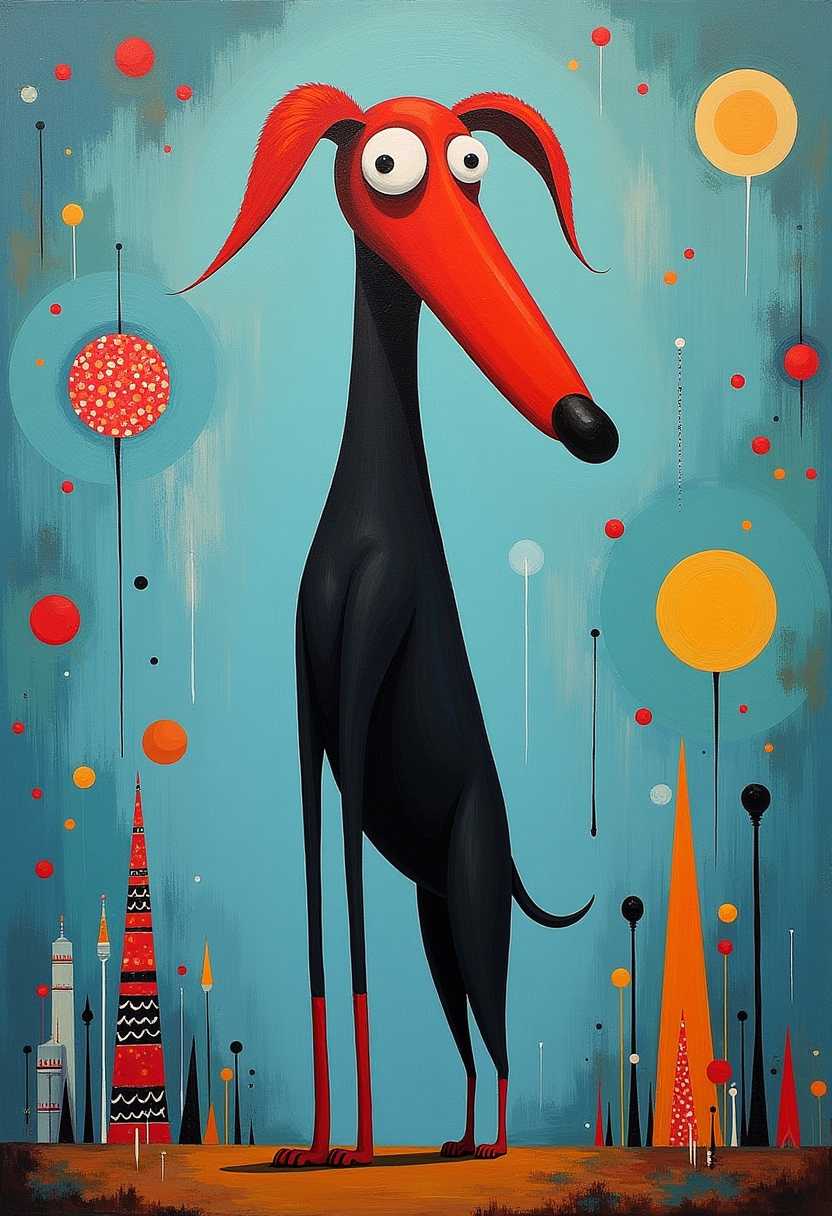 This is an abstract painting that features a whimsical, stylized depiction of a dog. The dog is the focal point of the painting, standing tall with a long, black body and a disproportionately large head. The head is a vivid red with a prominent, elongated snout and a pair of large, white, circular eyes that give the dog a somewhat surprised or inquisitive expression.The dogs ears are elongated and featherlike, extending upwards and outward, adding to the fantastical nature of the subject. The dogs legs are also elongated, with the front legs appearing to be quite thin in comparison to the body.The painting is set against a background that is a mix of geometric shapes and organic forms. The background is a cool blue, with patches of other colors such as red, yellow, and orange. There are various shapes and objects scattered throughout the background, including circles, squares, and rectangles, some with patterns and others with simple lines or dots. These shapes and objects are not uniform in size and are placed asymmetrically, contributing to the overall chaotic and whimsical feel of the painting.The medium used to create the painting appears to be oil paint, given the texture and richness of the colors. The brushstrokes are visible, giving the painting a somewhat rough and spontaneous feel.Overall, the painting is a playful and imaginative interpretation of a dog, utilizing a vibrant color palette and abstract shapes to create a surreal and whimsical artwork.