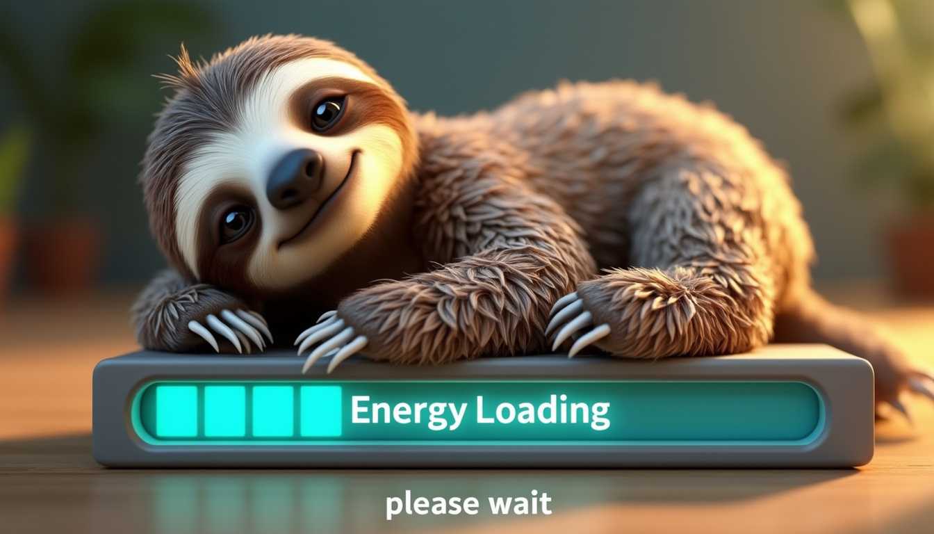 Create an 3d image of a photo sloth lying comfortably on top of a progress bar, with the text reading "Energy Loading". on bottom of the image a title "please wait" below, indicating a cute representation of slow energy replenishment. style disney pixar