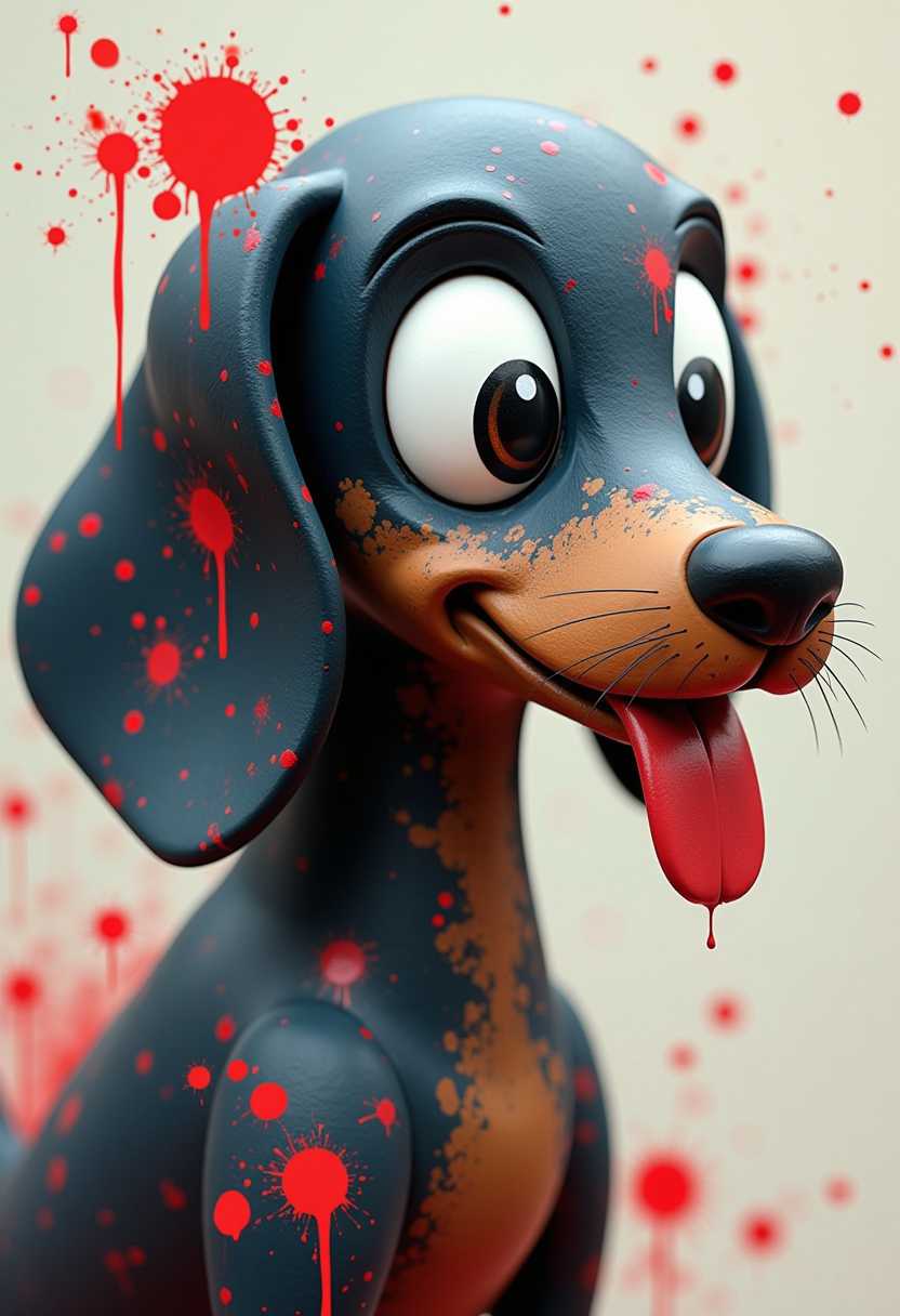 The colors used are quite limited, primarily consisting of black, brown, white, and touches of red and blue. The black and brown tones are used to define the shape and form of the dog, while the white and red accents provide contrast and highlight certain features, such as the eyes and the tongue. The blue and red drips and splatters in the background contribute to the overall chaotic and spontaneous feel of the artwork.The dog itself is the central figure of the 3d image. It is depicted in profile, with its head turned slightly to the left, giving it a sense of liveliness and curiosity. The dogs eyes are large and expressive, with white sclera and black pupils, and they are looking directly at the viewer. The tongue is sticking out, adding to the playful and humorous nature of the piece.The dogs ears are floppy and drooping, with black and brown tones that blend into the background, giving the impression that they are part of the dogs fur.This image features low poly 3d characters and scenery that appears to be painted wooden figures or puppets without strings. 