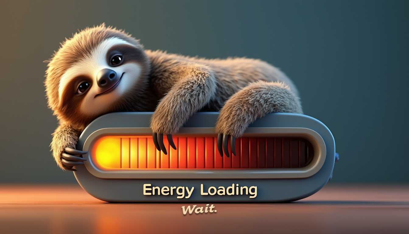 Create an 3d image of a photo sloth lying comfortably on top of a progress bar, with the text reading "Energy Loading". on bottom of the image a title "please wait" below, indicating a cute representation of slow energy replenishment. style disney pixar