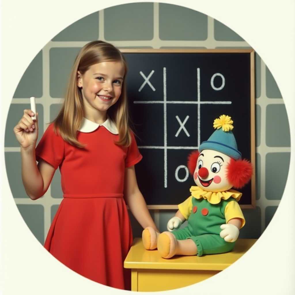A meticulously crafted vintage photograph capturing a nostalgic mid-20th century scene, embodying the essence of midcentury modern style. The image is infused with bright, primary colors and exhibits a high degree of color saturation, lending it a dreamy and nostalgic aura. Framed within a pristine white circular border, the photograph is set against a background featuring a playful grid of gray and white squares, reminiscent of retro design.

In the foreground stands a young girl with long, straight hair, elegantly dressed in a vibrant red dress accented with a crisp white collar. She holds a piece of chalk in her right hand, poised with an air of anticipation as her left hand hovers above a tictactoe game drawn on a blackboard behind her. The board displays three moves, with an 'X' prominently placed in the center and an 'O' occupying the top left corner, adding a sense of interaction and youthfulness to the scene.

To the right of the girl sits a charming plush clown doll, adorned in a lively green outfit complemented by a yellow collar and a whimsical blue hat topped with a yellow flower. The doll rests on a sunny yellow surface, likely a table or desk, and gazes warmly at the camera with a friendly expression, enhancing the playful atmosphere.

The composition