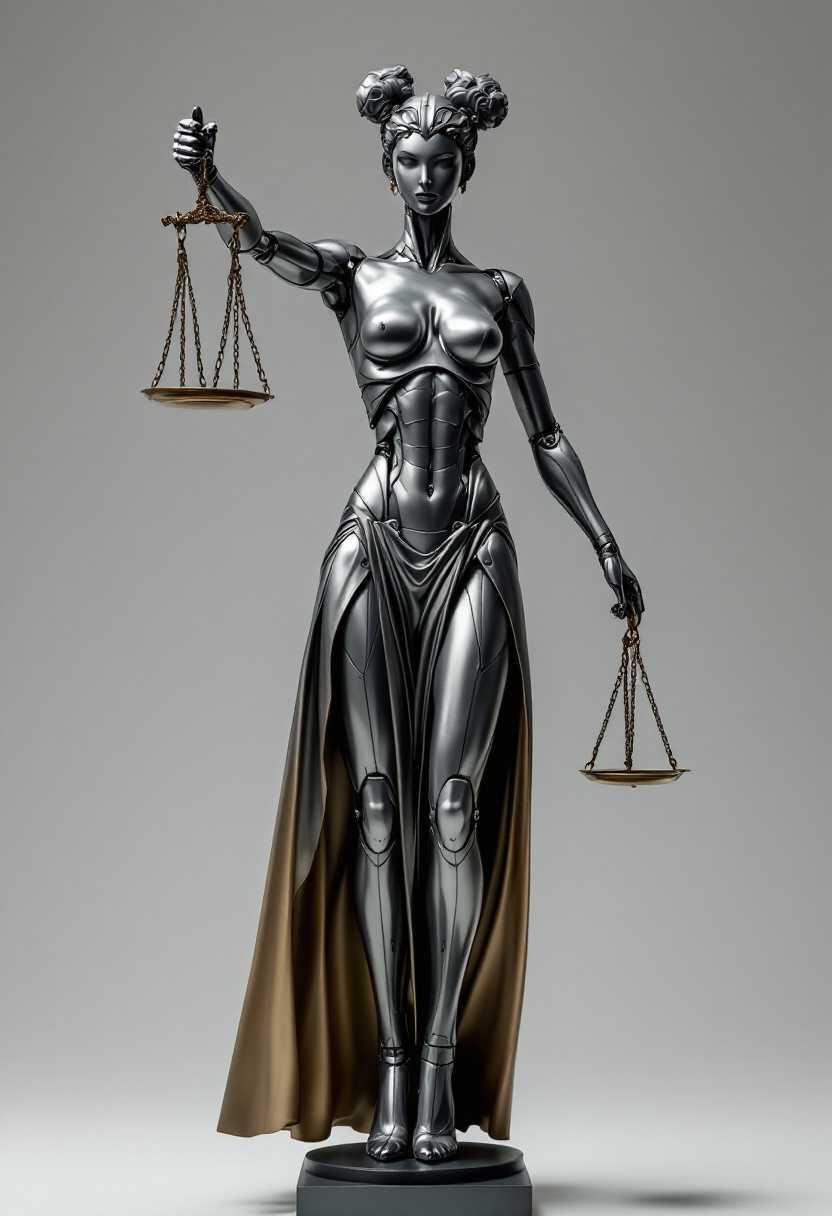 scales of justice, statue as a female robot, weighing of two sides of justice, in the style of Hajime Sorayama