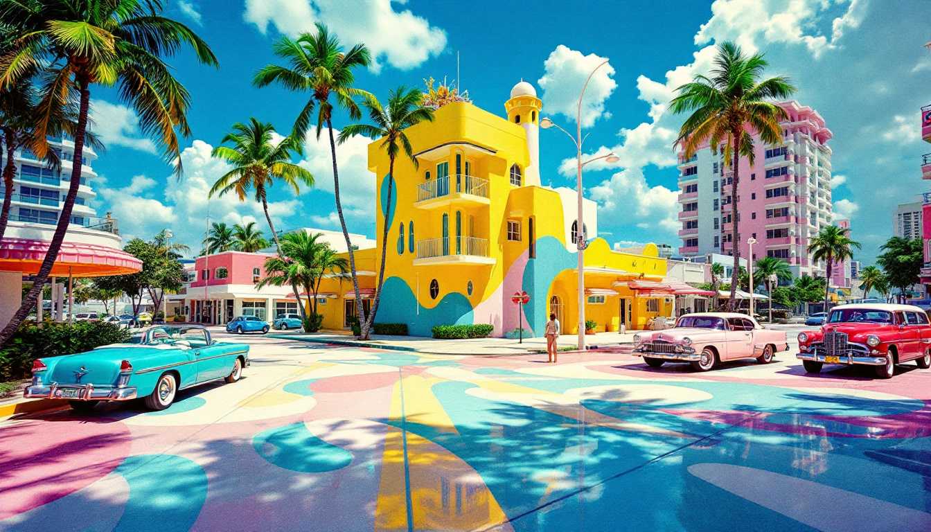 A surreal Miami city, its art deco buildings morphing in the fluid style of Hockney’s Miami landscapes, captured in the dynamic range of Kodak Ektachrome film with the precision of a Leica Q2, realism, photograph