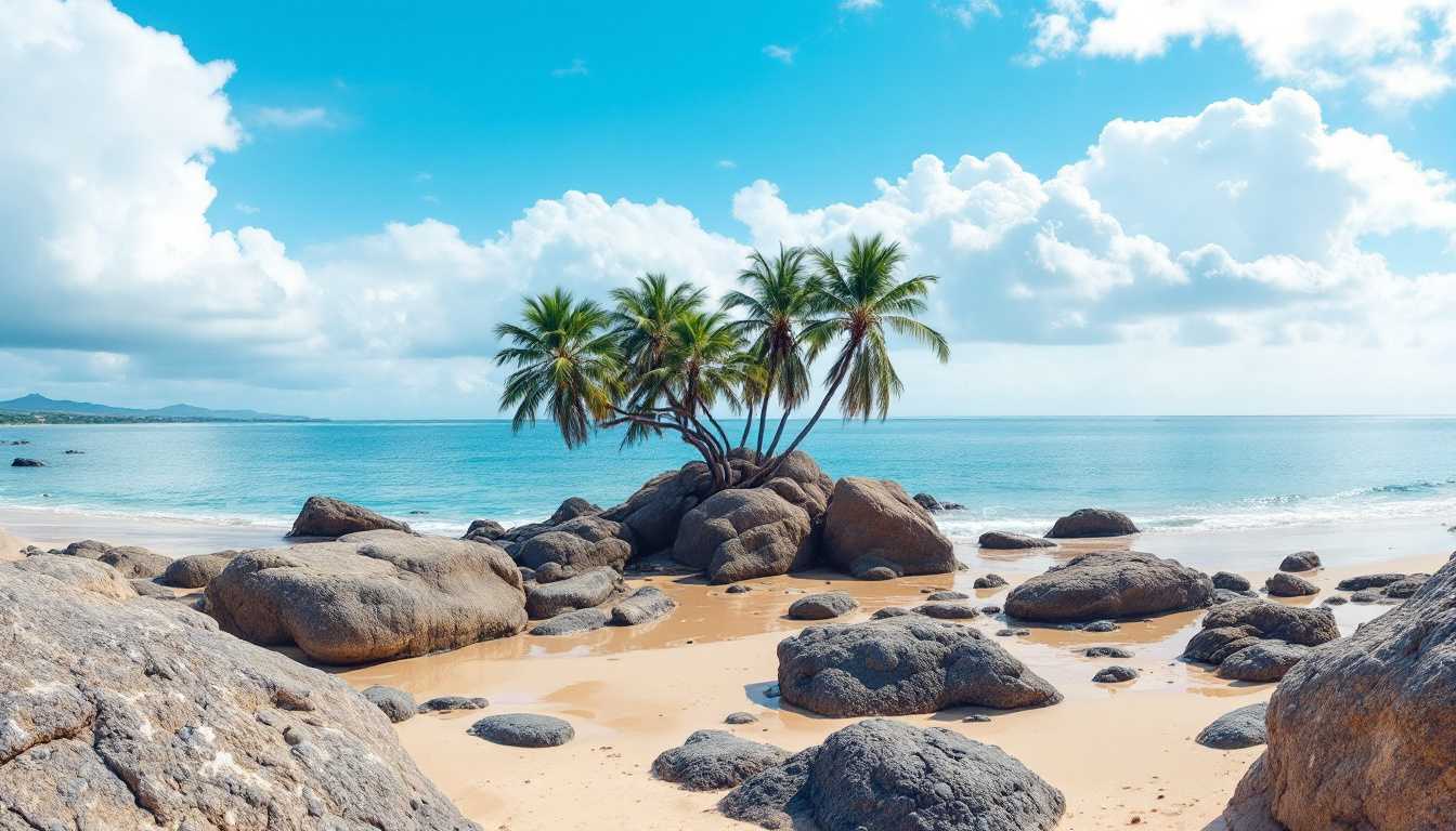 Panorama view of a topical beach, sunny, palm trees, rocks
