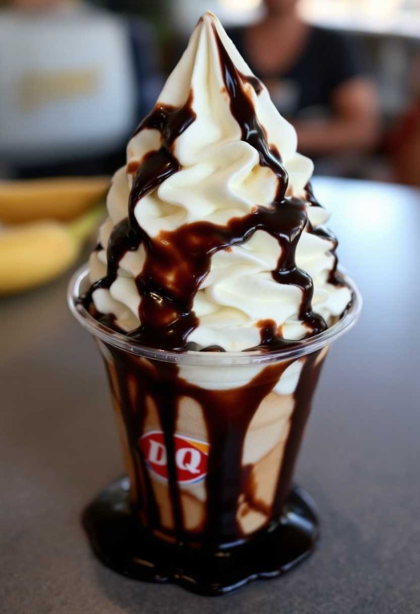 Dairy Queen, Sunday, chocolate syrup, whipped cream, cheery, banana 