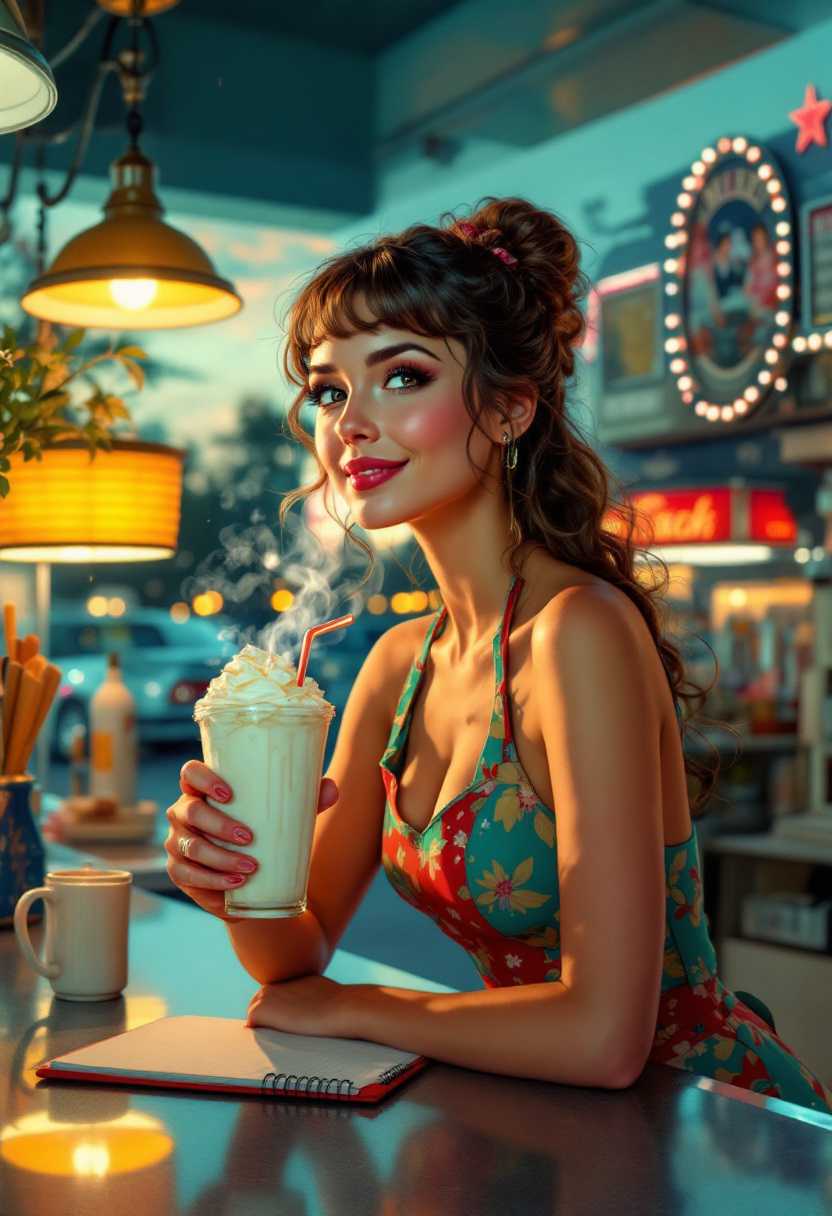 beautiful, trailer Park Queen, She serves hash, rule of thirds, tranquil, peaceful, waitress, milkshake, diner counter, lush + style of Norman Rockwell and Coby Whitmore and J. C. Leyendecker + rich digital vector art, clean lines, maximalism, realistic, dynamic lighting, dynamic composition, highly detailed eyes, , big smile, note pad, realistic colors, key visual, cinematic