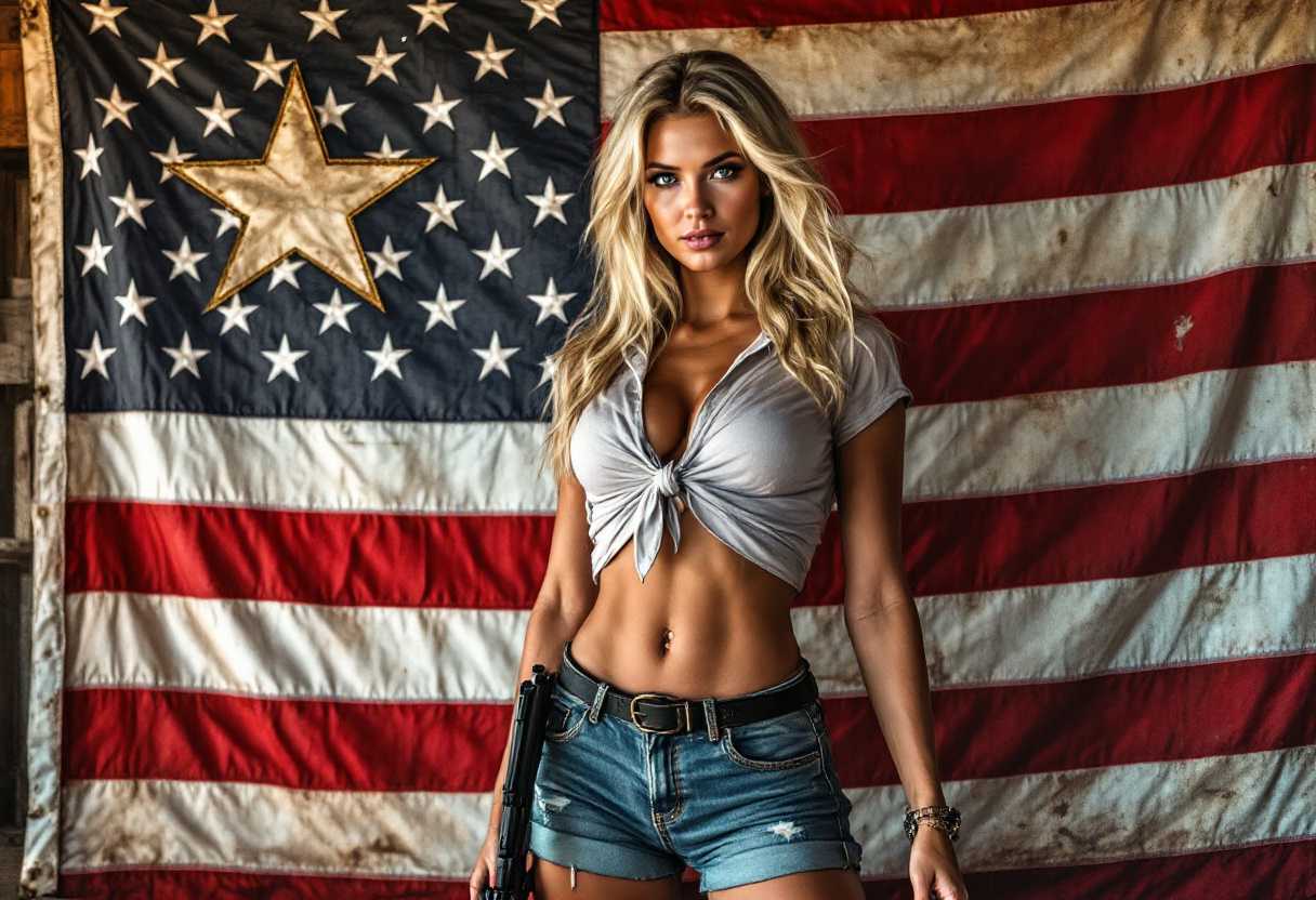 blonde woman, wearing shorts, shirt knot like daisy duke, holding an ar .57 standing in front of the us flag 