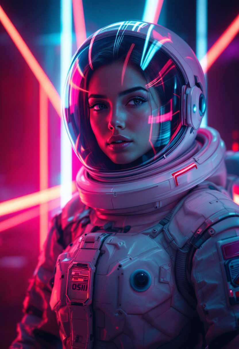 A female in a space suit, neon light reflection, reflection mapping, ultra high details, cinematic lighting, photorealistic, film grain, 8k