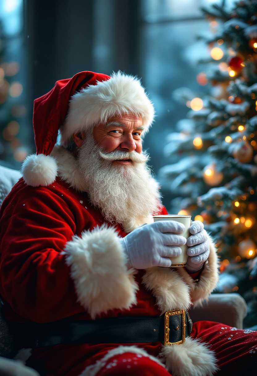 Santa Claus [eating milk and cookies, next to Christmas tree], highly detailed, professional photography, 32k uhd wallpaper 