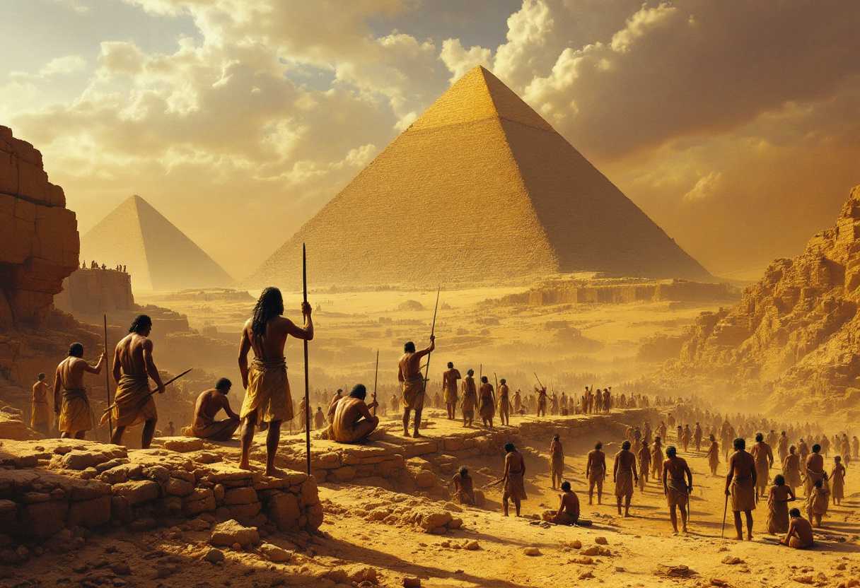 Ancient Egypt. Thousands of Egyptian slaves working on the Great Pyramid, history, photography, realism 