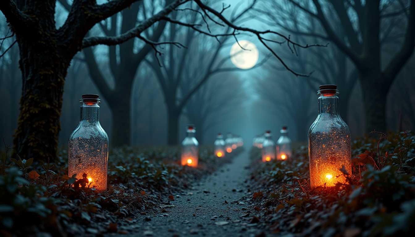 halloweentech, a photo of halloweentech style, volumetric light. light balls are moving electrical current in orange, objects inside glass bottles are dancing, its snowing inside the bottles,