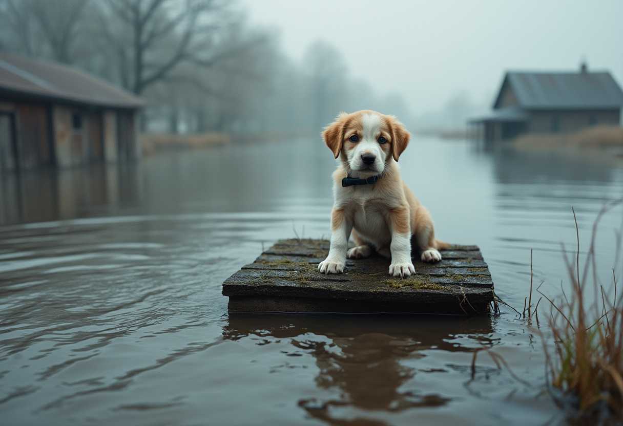 create an image of flowing water, flooded area, a barn roof sticks up out of the water, surrounded by water, a lonely cute puppy, looking at viewer, sad, cold, is sitting on top of the barn roof waiting to be rescued