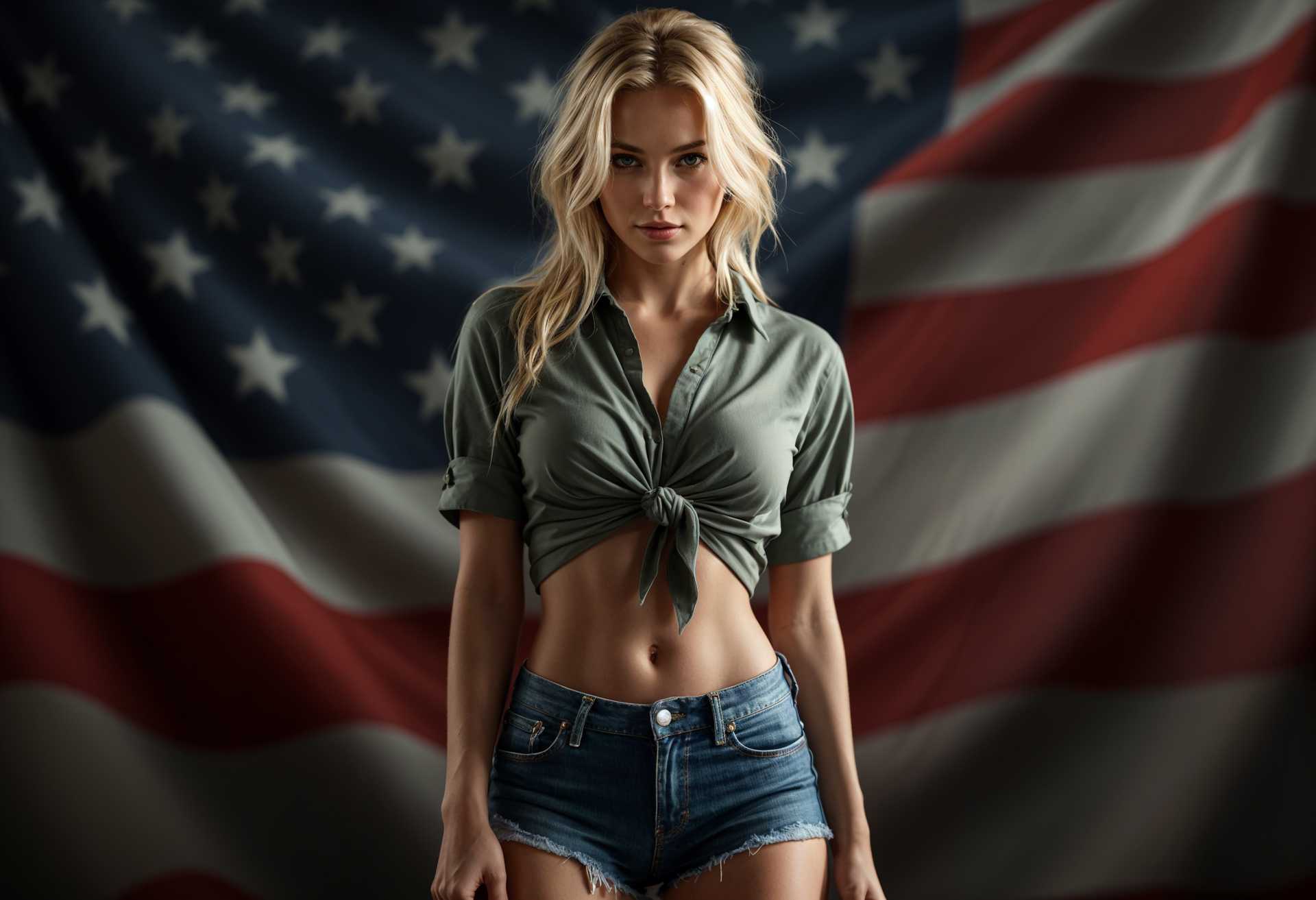AI-generated image: blonde woman, looking at viewer, facing camera, wearing shorts, shirt knot like daisy duke, holding