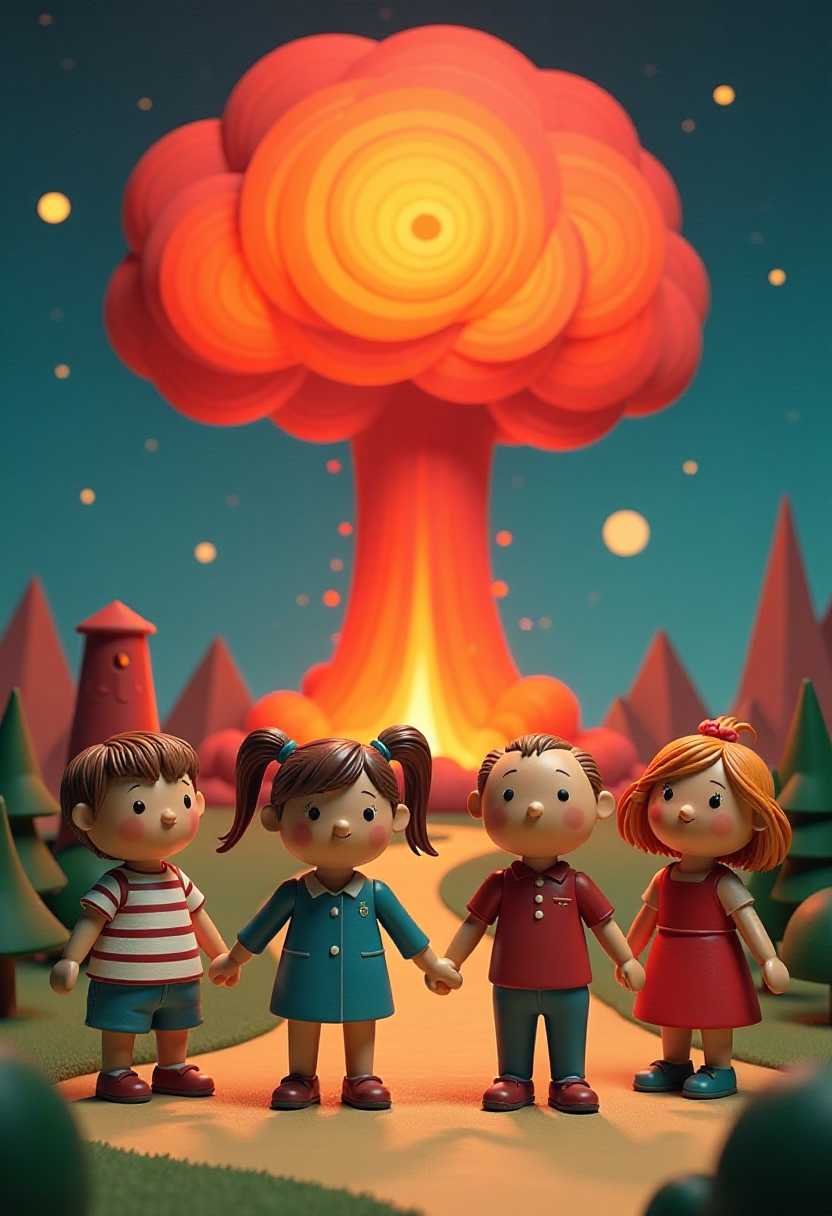 atom bomb. This image features simplified cartoon 3d characters and scenery that appears to be painted wooden figures or puppets without strings. 