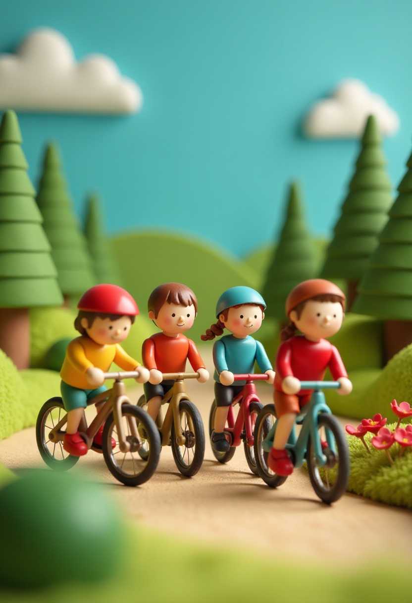 bicycle race. This image features simplified cartoon 3d characters and scenery that appears to be painted wooden figures or puppets without strings. 