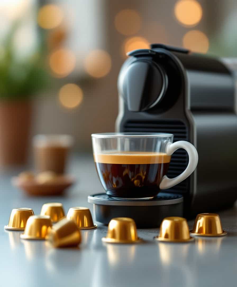 Nespresso coffee machine with a cup of top coffee, in front several golden shiny Nespresso tabs, selective focus, bokeh