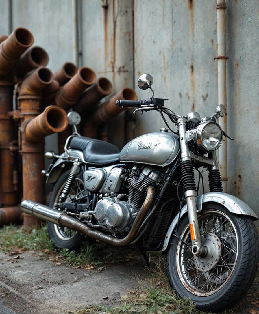 in a style of Rusty, The image depicts an old silver motorcycle parked near some rusty pipes. It seems to be a combination of an industrial or shabby-looking setting with the motorbike adding a contrasting touch. The shiny metal bike is the primary subject, inviting further inspection or appreciation for both the vehicle and the environment.  There doesn't seem to be any extra details or descriptions beyond the main focus of the image.