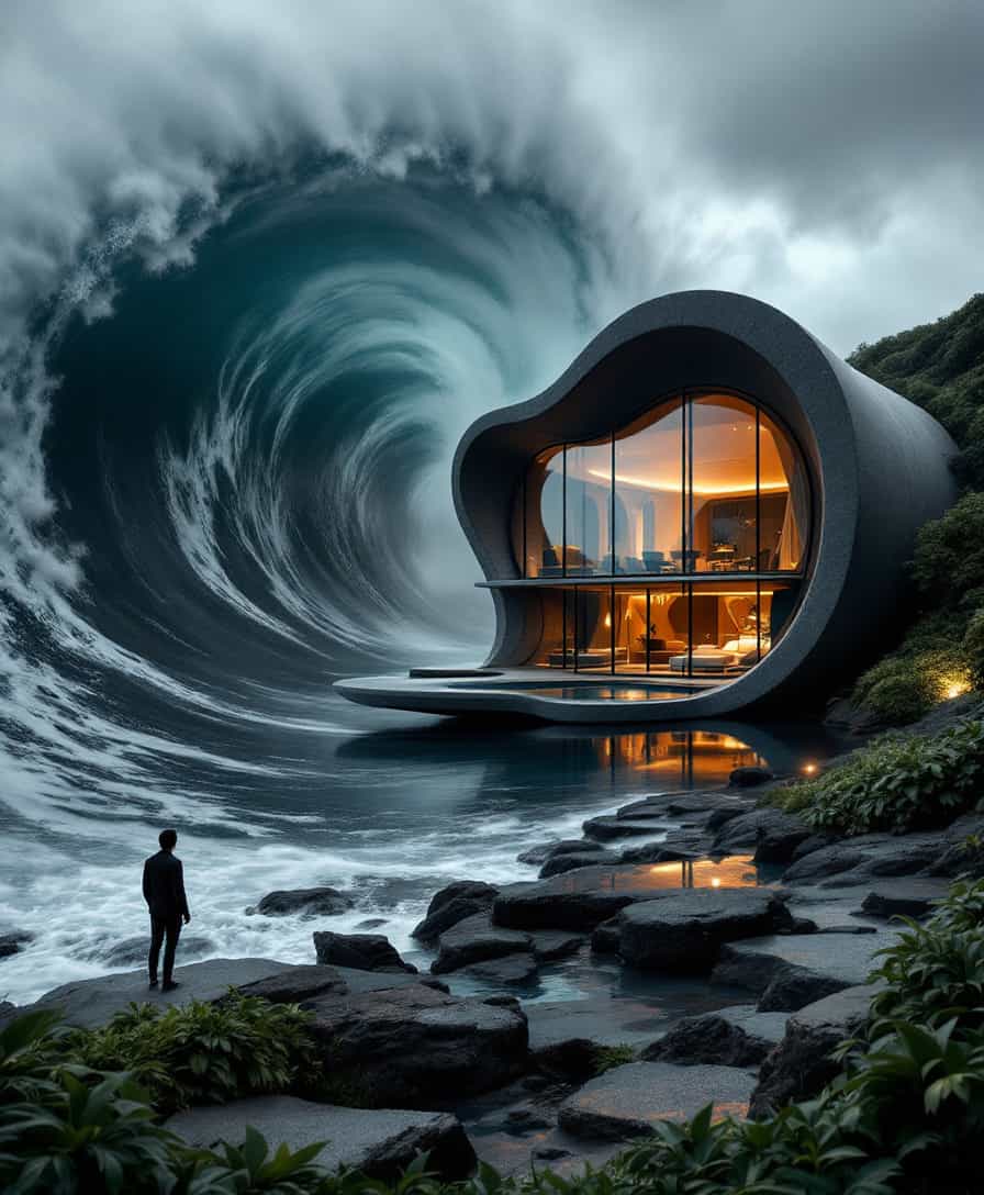 In a style of abstract dark shapes, a large, dark wave crashes over a serene shoreline, where a strikingly unique building rises from a calm pool, reflecting both the surge and tranquility of the ocean. The person standing at the edge watches the powerful swell with a mix of awe and caution, as the dramatic black-and-white nature of the scene emphasizes the strength and beauty of the moment. The building, merging organic curves with raw industrial materials, stands as a testament to modern architecture, its expansive glass walls shimmering with the wave's reflection.

The foreground features a tranquil water feature that mirrors the flowing lines of the structure, enhancing its surreal beauty. Nestled among vibrant green foliage, the building creates a harmonious balance between nature and human-made elements. Inside the irregularly shaped windows, the warm glow of interior lights spills out, revealing a modern, comfortably furnished living space. Subtle natural lighting accentuates the texture of the concrete, while the rhythmic motion of the crashing wave echoes the fluidity of the architecture.

This composition encapsulates a profound connection between the chaotic power of the ocean and the serene elegance of human creation, inviting contemplation on the relationship between nature and design. The scene unfolds as a visual symphony, where the dark shapes of the wave and the striking silhouette of the building coalesce into a captivating tableau, embodying both tension and tranquility in an otherworldly landscape.