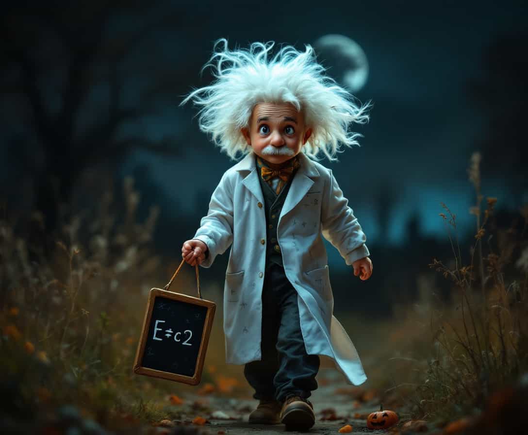 A young boy steps into the Halloween night, embodying the genius of Albert Einstein. His wild, white hair is styled in the iconic, untamed look of the legendary scientist, contrasting with the dark sky above. He wears a long, lab coat that flutters as he moves, covered with scribbles of imaginary equations and formulas. In his hand, he holds a toy chalkboard, where E=mc² is boldly written, and his inquisitive eyes sparkle with curiosity as he approaches each doorstep. With every step, he exudes the energy of a mind constantly in motion, as though he’s just stepped out of a time machine after a breakthrough discovery. His candy bag swings like it’s filled with cosmic secrets, and his posture, playful yet brilliant, turns Halloween into an experiment in fun and wonder, leaving everyone he meets pondering the mysteries of the universe." 48k, HD, intricated detail.