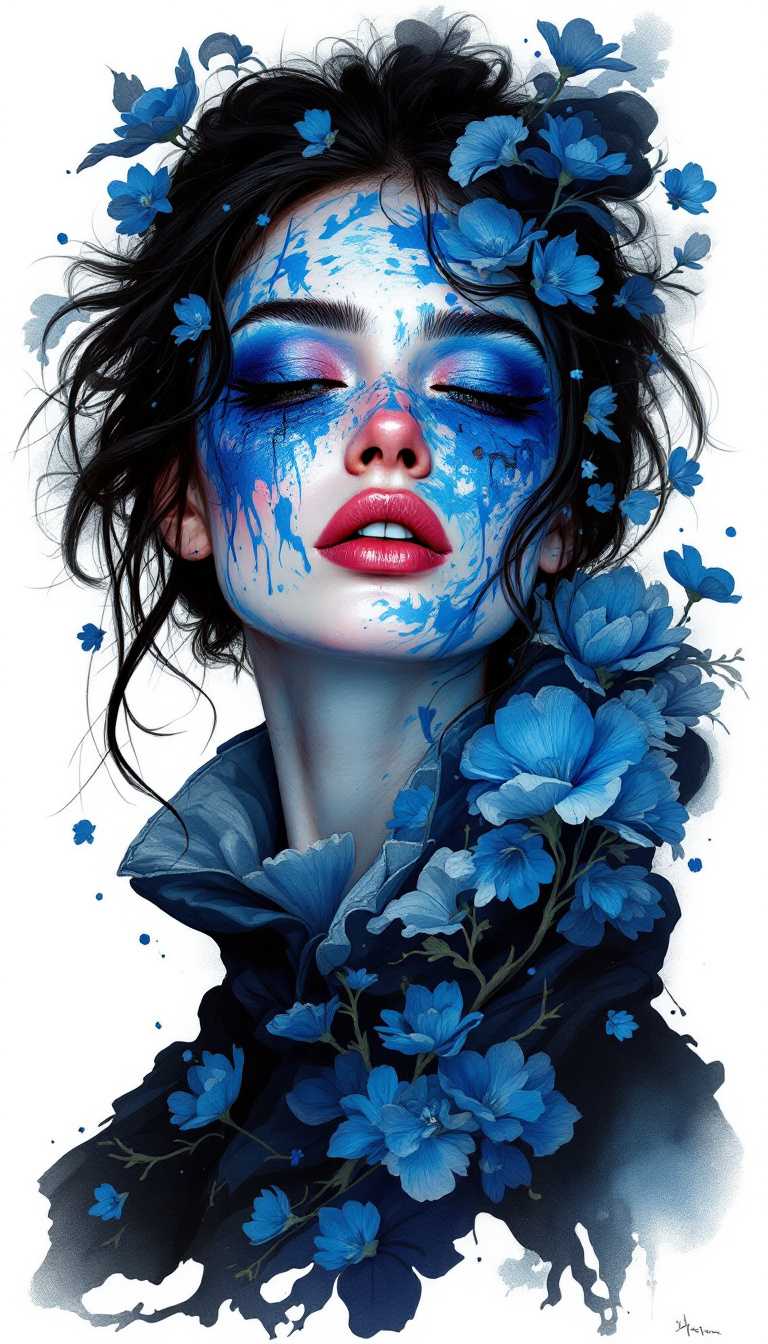 In a fluid illustration style, the image depicts a woman with her makeup smeared chaotically across her face, her eyes and nose nearly obscured, creating a sense of playful disarray. The rest of her features blend into a blurry canvas, emphasizing the erratic application of vibrant skin paint that defies conventional beauty standards. This scene exudes a carefree, almost rebellious vibe, as if she has embraced a moment of reckless indulgence in her artistic expression.

Surrounding her, elements reminiscent of a porcelain statue emerge, showcasing a flamboyant warrior adorned in a coat intricately detailed with blue flowers. The shiny texture of the material contrasts sharply with the dark, brooding background, amplifying the sense of drama within the composition. The warrior, poised for battle, serves as a striking juxtaposition to the woman’s carefree demeanor—both figures embody a unique blend of chaos and beauty.