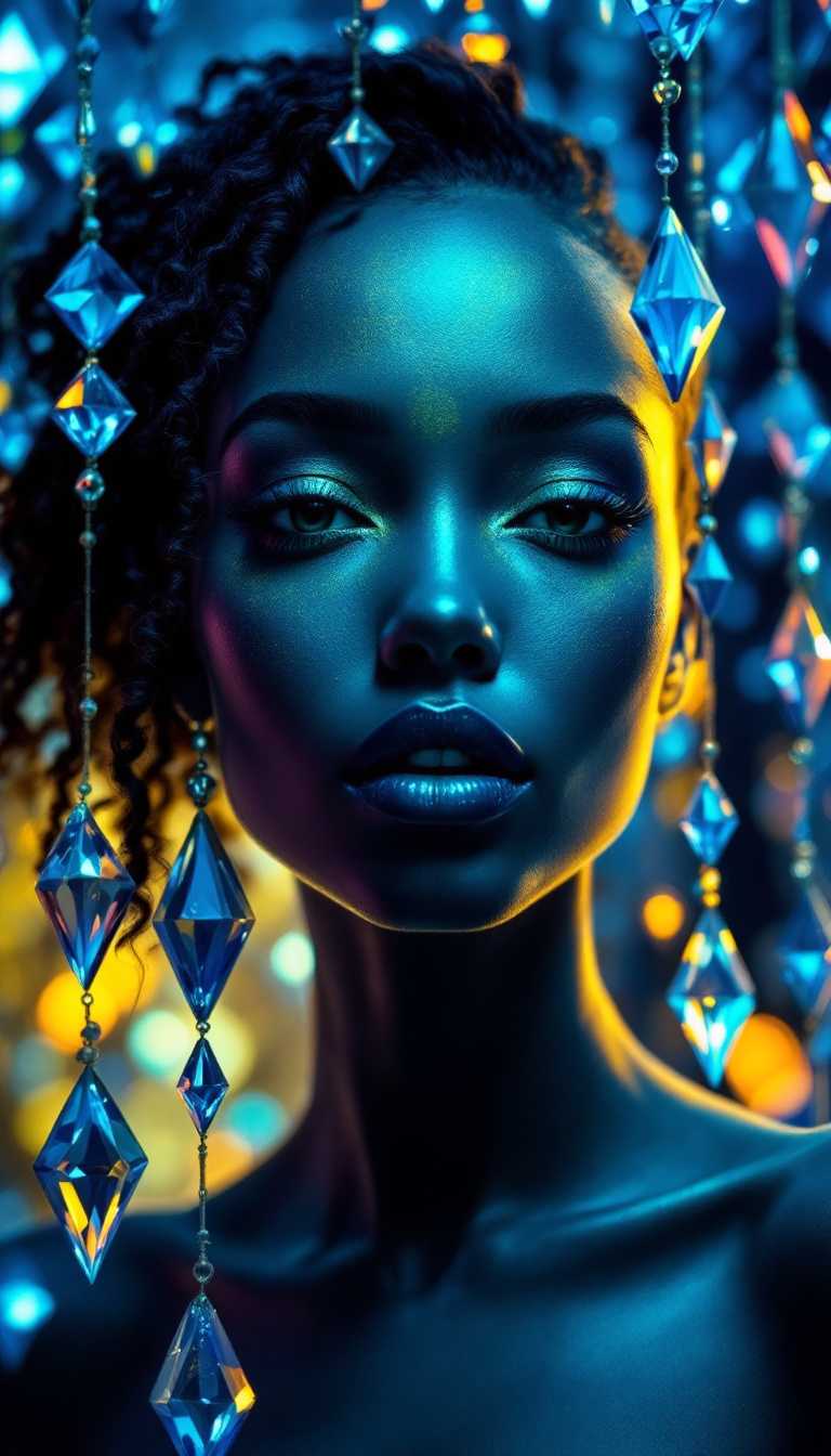 in a style of Adornments, A blue, green, and yellow geometric pattern hangs prominently behind a blue woman. The glare from bright lights highlights the hanging pattern, and the overall warm atmosphere of the scene is enhanced by the blue color palette. The surrounding environment is filled with sparkling blue diamond-shaped gems which further enhance the vibrant design of the pattern that accents the backdrop.