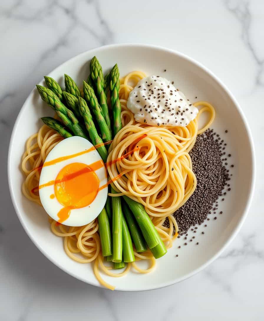 Make a raw and ultra-realistic representation of a porcelain plate containing 80 grams of spaghetti noodles accompanied by 100 grams of hard-boiled egg, 100 grams of asparagus and 20 grams of chia seeds. Fill the plate, making sure the proportions are exactly as described and that no food appears on the outside of the plate.