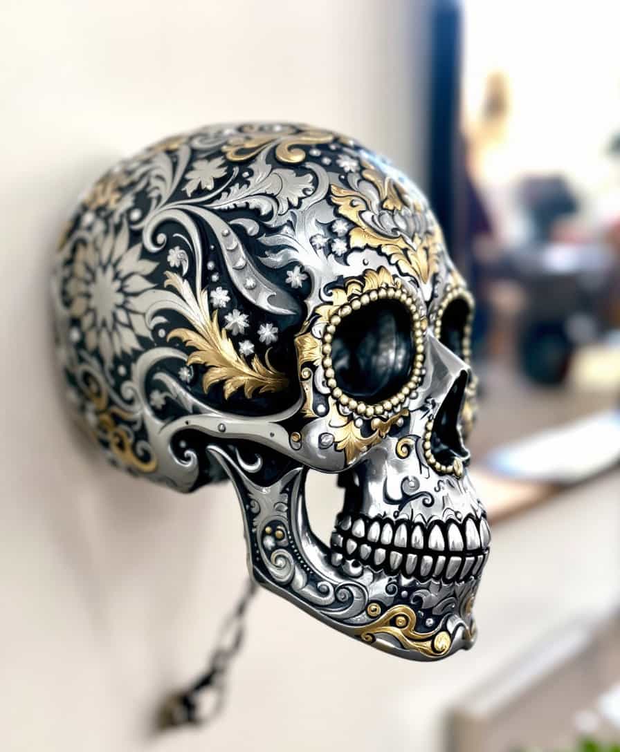 Side view, Decorated in an ornament art style, An ornately designed metal skull with silver and gold colors as a key feature, prominently visible on a wall or countertop. The skull's intricate detailing serves as an artistic centerpiece, capturing attention and provoking conversation or interest. Surrounding the skull, however, there are no discernible details about the setting, time of day, or any notable features; attention is solely drawn to the unique, decorative piece.