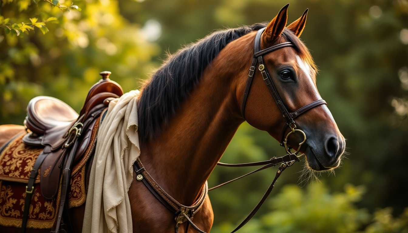 The image depicts a horse styled in a casual fashion reminiscent of the Victorian era, showcasing a unique blend of historical elegance and contemporary flair. The horse is adorned with a richly textured saddle and bridle, featuring intricate patterns that reflect Victorian craftsmanship, while draped with a light, flowing fabric that adds a modern twist. The composition captures the horse in a natural, relaxed pose against a softly blurred backdrop of a lush garden, enhancing the sense of tranquility and grace.

The lighting is warm and diffused, casting gentle shadows that highlight the horse's muscular form and the delicate details of its adornments. Framed in a slightly off-center manner, the image draws the viewer's eye to both the horse and the surrounding greenery, creating a harmonious balance between subject and environment. The overall genre of the visual leans towards an artistic portrait, merging elements of fashion photography with equestrian art, evoking a sense of nostalgia while celebrating the beauty of the present.