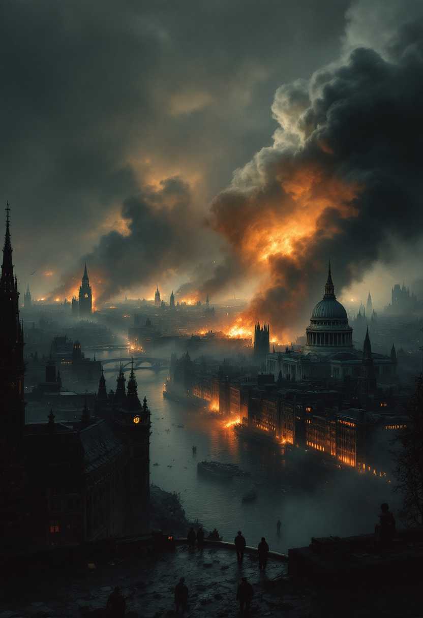 **Title**: "London Skyline during the Blitz, WWII"

**Visual Details**: Capture a sweeping view of London under assault during the Blitz, WWII. The scene should depict the iconic skyline with key landmarks like St. Paul's Cathedral amid a backdrop of chaos. Thick clouds of smoke and dust billow into the sky, tinted with an ominous glow from the fires below. Explosions light up sections of the city with brief, vivid oranges and yellows, contrasting against the somber grays and blacks of the devastated buildings. Debris litters the ground, adding a sense of destruction and turmoil.

**Style**: Render the image in a realistic yet dramatic style, emphasizing the gravity of the scene. Consider using chiaroscuro techniques to highlight contrasts between the shadows of night and the bright bursts of destruction.

**Composition**: Position the viewer on a slightly elevated angle, looking across the River Thames towards the main city. Frame St. Paul's Cathedral prominently, surrounded by other wartime architecture, partially obscured by smoke and flames. The camera should focus on displaying the expansive view of destruction while maintaining some clarity in details of iconic structures.

**Mood and Atmosphere**: Immerse the viewer in a tense, harrowing atmosphere. It's nighttime, casting a surreal