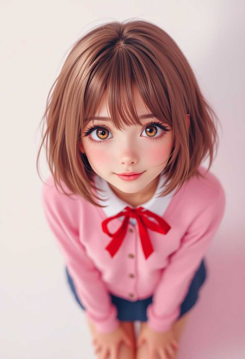 Portrait of Momo from Dandadan, Momo is depicted with her iconic pastel brown hairstyle, featuring short, layered hair with a distinctive fringe. Her eyes are wide and expressive, reflecting a lively and curious personality.she's wearing japanese highschool girl look,pink kardigan,red ribbon tie on neck,  with bold shades that capture the dynamic energy of manga illustrations.  very short navy tennis skirt,with a sligh above camera angle to emphasize her youthful demeanor and spirited nature. The background is a soft gradient, subtly hinting at cosmic or supernatural themes typical of the Dandadan series, while keeping the focus firmly on Momo. The lighting is gentle yet dramatic, casting soft shadows that add depth and highlight the delicate lines and intricate details of her facial features. The overall atmosphere is one of wonder and excitement, immersing the viewer in the fantastical world of Dandadan.