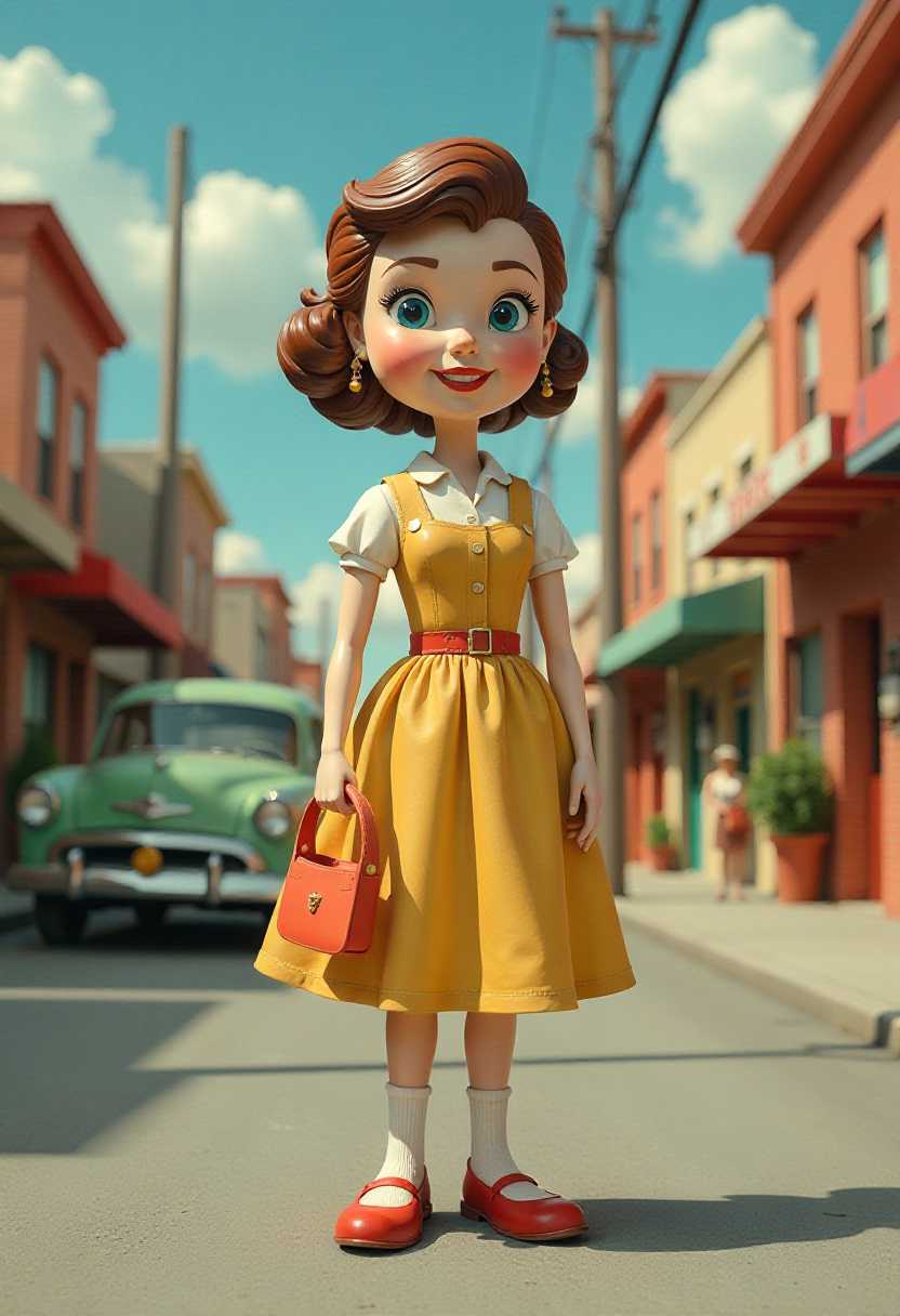 1950s USA - Lady on Street ,Scenes of Vintage America , Pop Art Style. This image features simplified cartoon 3d characters and scenery that appears to be painted wooden figures or puppets without strings. 