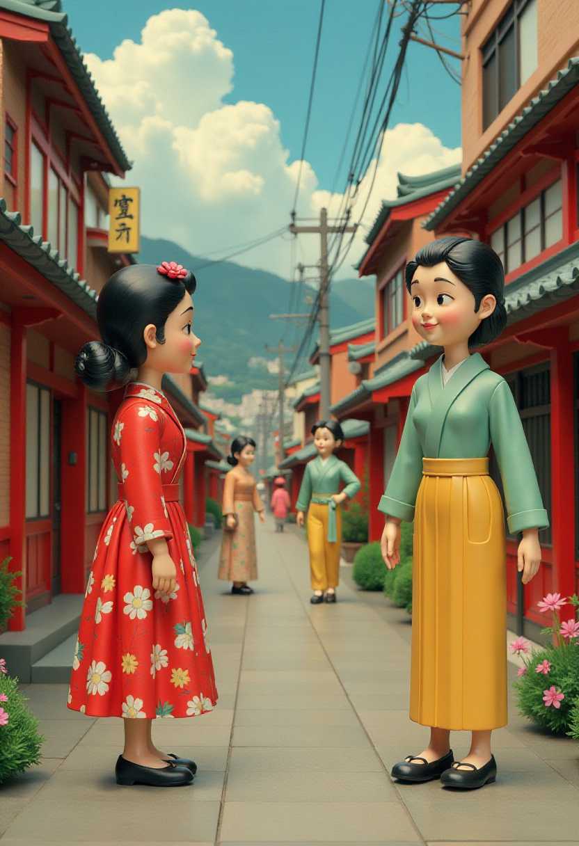 1950s Tokyo. Ladies of Japan. This image features simplified cartoon 3d characters and scenery that appears to be painted wooden figures or puppets without strings. Anime style