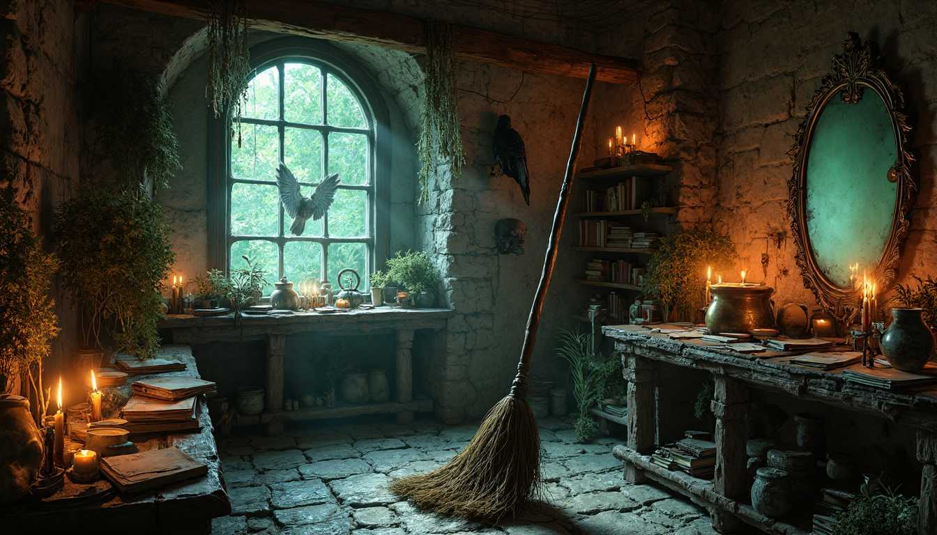 The room, dimly lit by flickering candles, exudes an aura of dark mysticism and arcane energy. The air is thick with the scent of burning herbs and old parchment, swirling lazily in a slow, unseen breeze. At the center of this mystical chamber, an ancient broom floats just inches above the uneven stone floor, its worn, straw bristles brushing softly against the ground as it sways gently. The broom seems alive, rocking with quiet anticipation, as if awaiting its master's return.

The room itself is a chaotic yet intentional mix of magical relics, old books, and potions scattered around like a witch’s organized disarray. A wide, circular table, stained with the remnants of spells past, occupies the far corner. Its surface is cluttered with an assortment of half-burnt candles dripping with wax, glass jars filled with colorful, glowing liquids, and a brass cauldron still warm from recent use. The cauldron bubbles quietly, the contents casting a faint, luminescent green glow that bathes the room in an eerie light. Around it, dried herbs—sage, rosemary, lavender—hang from a wooden beam, their shadows dancing like spirits on the walls.

Shelves line the rough stone walls, crammed with magical oddities. Dusty books bound in leather and aged vellum sit in crooked piles, some slightly open as if they were just consulted. A blackened skull with glowing red eyes sits atop one shelf, seemingly observing the room’s activities. Next to it, a petrified raven, frozen mid-caw, perches ominously, its stone feathers reflecting the candlelight.

Hanging in the corners, cobwebs glisten with dew, their silky strands forming intricate patterns, like the webbing of some ancient spider forgotten by time. Nearby, an ornate silver mirror with an elaborately carved frame stands propped against the wall, though its glass shows no reflection of the room—only a swirling mist of shadows and distant flashes of light from another realm. The mirror feels as if it's watching, waiting for someone to peer too closely.