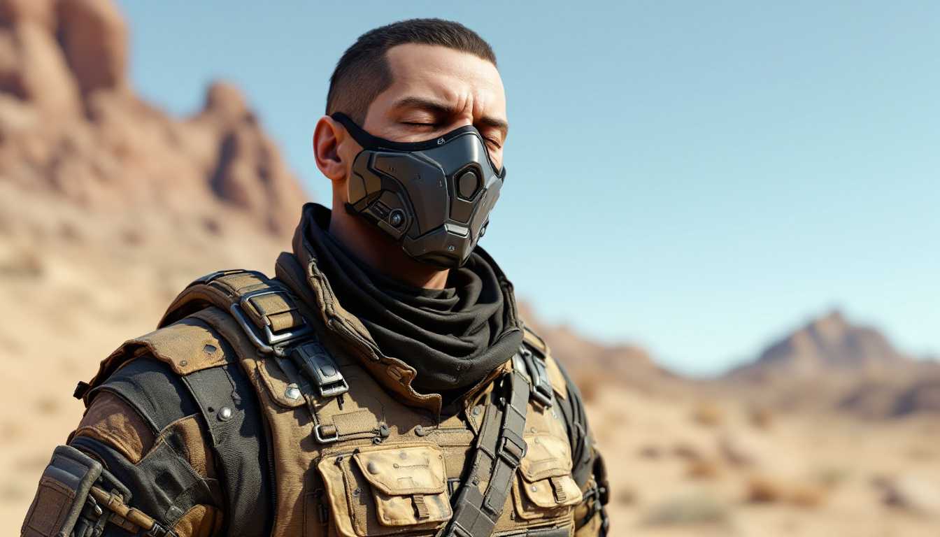 Postapocalyptic figure with closed eyes, wearing a wornout tactical vest and a futuristic mask, standing in a barren landscape under a clear blue sky. style unreal engine 3D