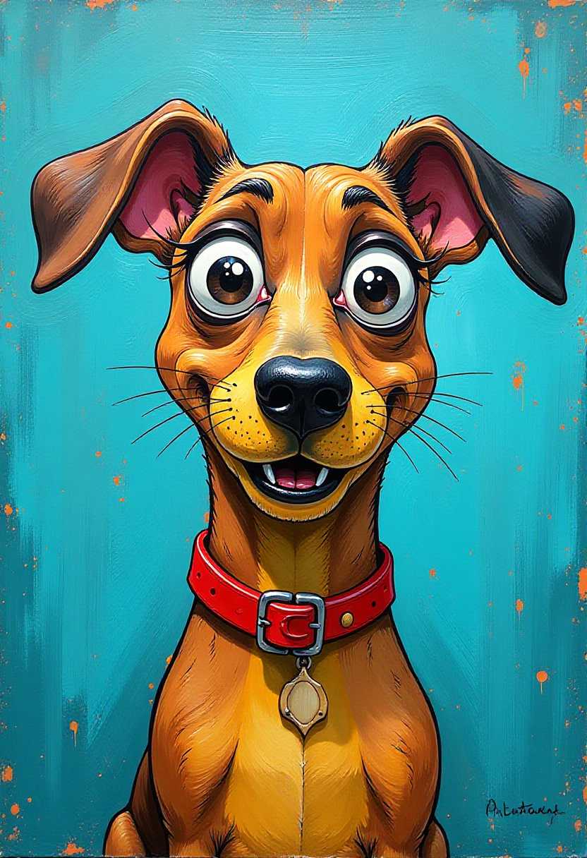 This image is an abstract painting that features a whimsical depiction of a dog. The art style is characterized by its bold, thick brushstrokes and a playful, almost cartoonish representation of the subject. The medium appears to be oil paint, given the rich texture and the way the paint has been applied in a heavy impasto technique.The colors in the painting are vibrant and dynamic, with a predominance of blues and yellows. The background is a textured turquoise, which gives the painting a lively and somewhat chaotic feel. There are drips and splatters of paint that add to the spontaneous and expressive quality of the work.The dog in the painting is the focal point. It has large, round eyes that are wide open, giving it a surprised or startled expression. The eyes are a striking black with white highlights, and they are the most detailed part of the dogs face. The dogs ears are floppy and pink, with black tips, and they are perked up in an attentive manner.The dogs nose is prominent and black, and it has a small, open mouth with a few teeth visible. The fur of the dog is depicted in various shades of brown, with some lighter and darker strokes that give it a textured appearance. The dog is wearing a red collar with the letter C on it, which stands out against the yellow of its neck and chest.Overall, the painting exudes a sense of energy and movement, with its expressive brushwork and bright, contrasting colors. The dogs exaggerated features and the overall playful nature of the piece give it a charming and humorous appeal.