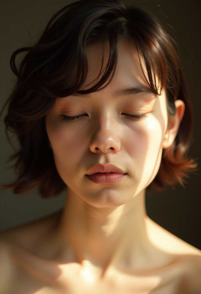 This image is a closeup portrait of a person with their eyes closed, conveying a sense of peace or introspection. The subject has short, layered hair with bangs that are swept to one side, partially obscuring the right eye. The lighting is soft and diffused, with a warm tone that suggests an indoor setting with natural light filtering through, casting a gentle glow on the subjects skin and hair.The art style is minimalist, with a focus on the interplay of light and shadow to create a mood and form. The medium appears to be digital photography, given the smooth texture and lack of graininess that one might expect from film. The colors are subdued, with a palette that includes soft browns, beiges, and creams, which are typical of a natural, unadorned setting.There are no discernible objects in the image aside from the subjects hair and skin, which are the primary subjects of the composition. The background is nondescript and blurred, ensuring that the viewers attention remains on the subjects serene expression and the play of light and shadow across their features. The overall effect is one of calm and quietude, inviting the viewer to pause and reflect.