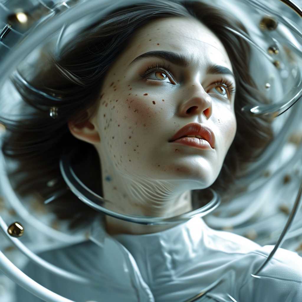 a beautyful woman caught in a vortex of time and numbers in a futuristic and scientific style