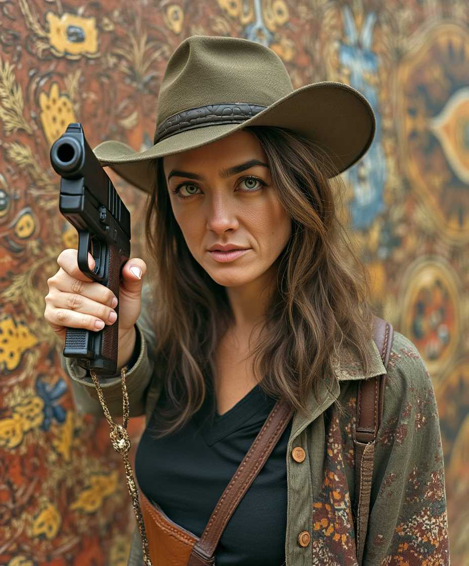 A photo of TOKALEMAP woman holding a gun