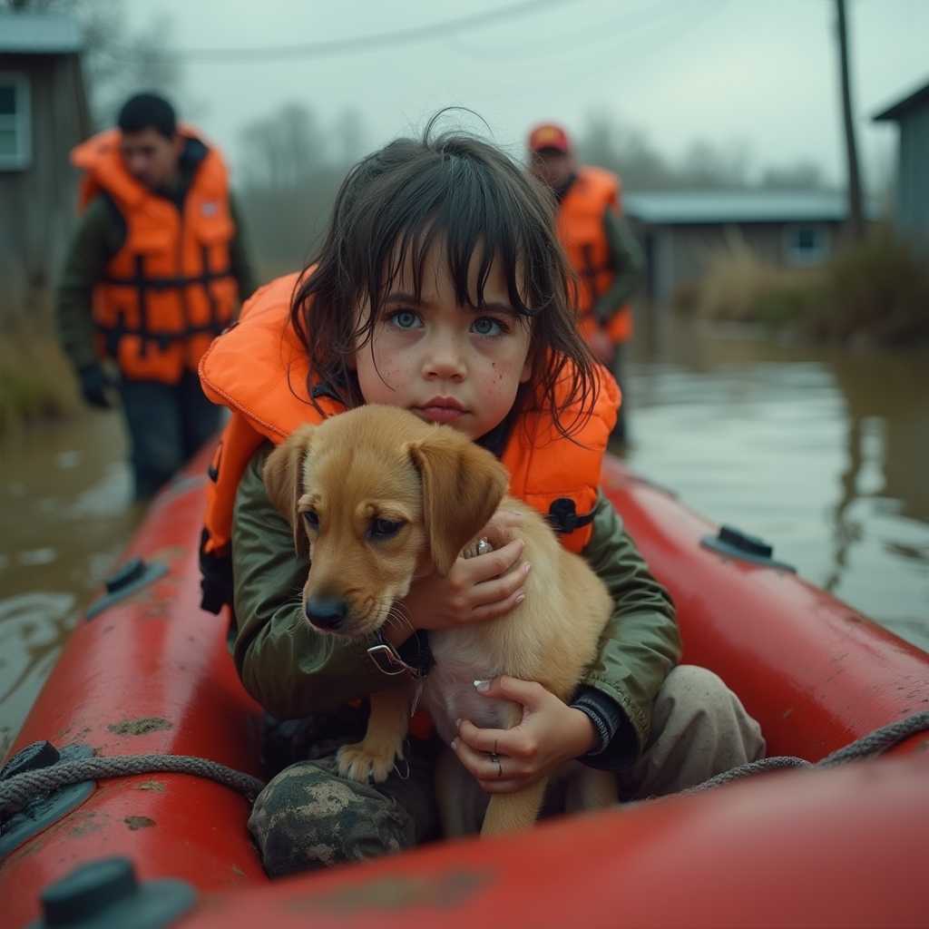 A realistic photograph capturing a heart-wrenching scene of a young Caucasian girl in a bright orange life vest, sitting inside a dry red rescue boat. The girl, around seven years old, is soaking wet, her dark hair matted against her head. She tightly hugs a small, wet puppy with a light brown coat and a black nose, both showing visible distress. The girl's face is a portrait of concern and sadness, her blue eyes filled with tears, emphasizing the urgency and emotion of the moment. The atmosphere is somber, with muted, earthy tones dominating the scene—browns, oranges, and grays blending in the murky floodwaters surrounding them. In the background, blurred yet discernible are additional rescuers, clad in matching orange life vests, guiding the boat through brown, contaminated waters. Subtle hints of greenery poke through, along with partially submerged houses, indicating a rural or semi-rural setting. The lighting is diffused, typical of an overcast day, adding to the somber mood. Photographic realism is achieved through precise detailing—textured reflections on the water, the contrast of colors, and the raw emotion on the subjects’ faces, capturing a moment of hope and despair intertwined in this rescue operation.