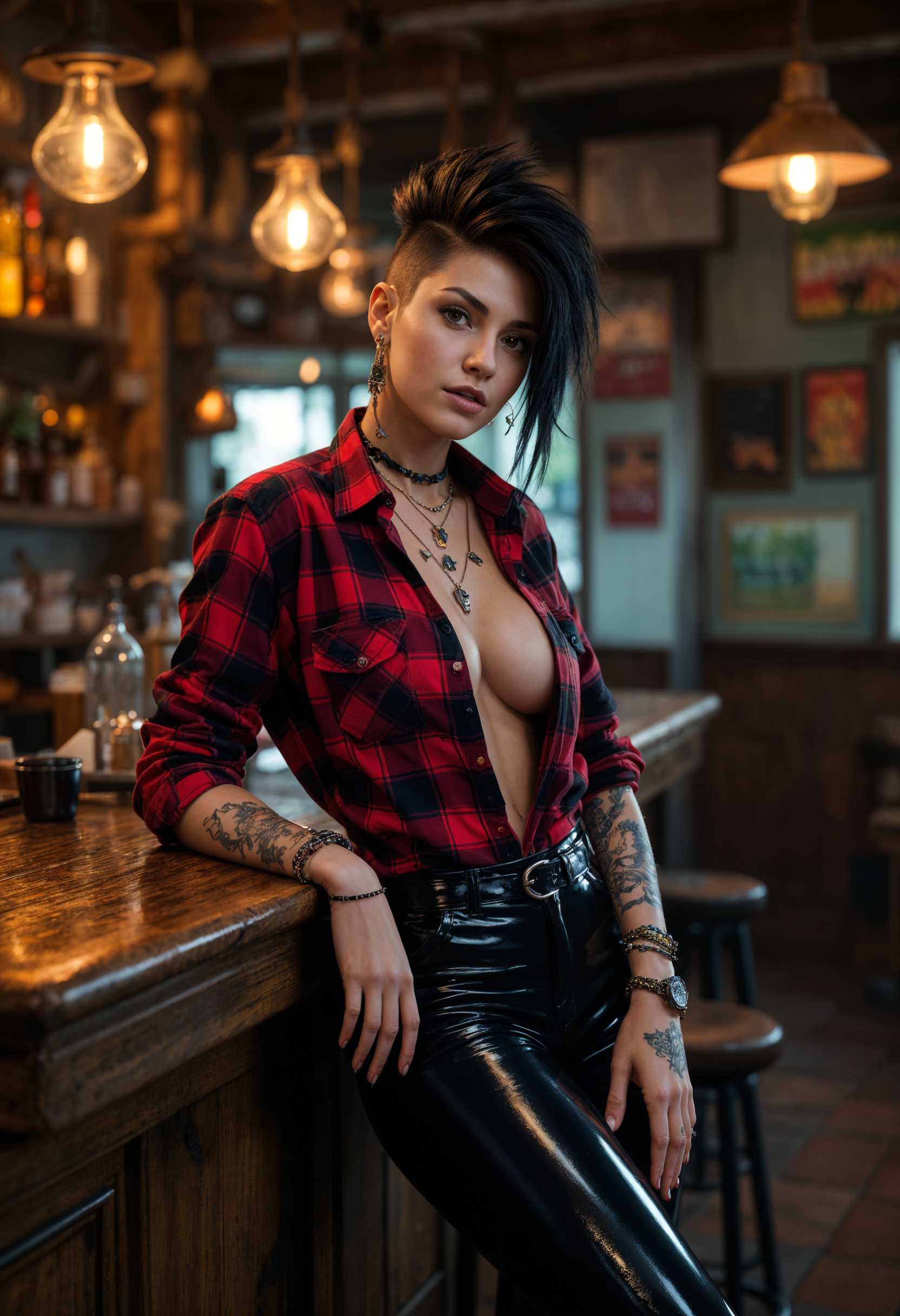 AI-generated image: A stunning photo woman wearing a red plaid shirt, black latex pants, tatoo, bracelets, black hair ,P