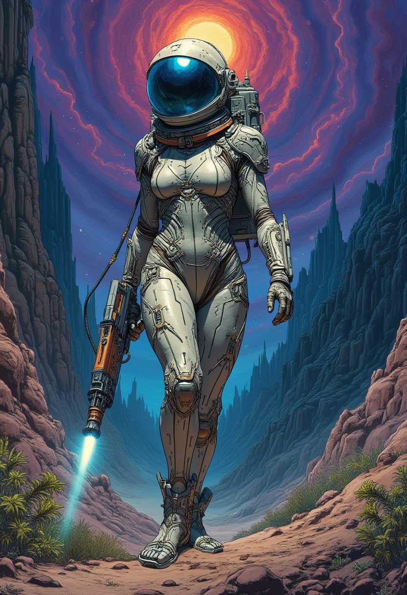 Armored Astronaut Exploring Otherworldly Canyon