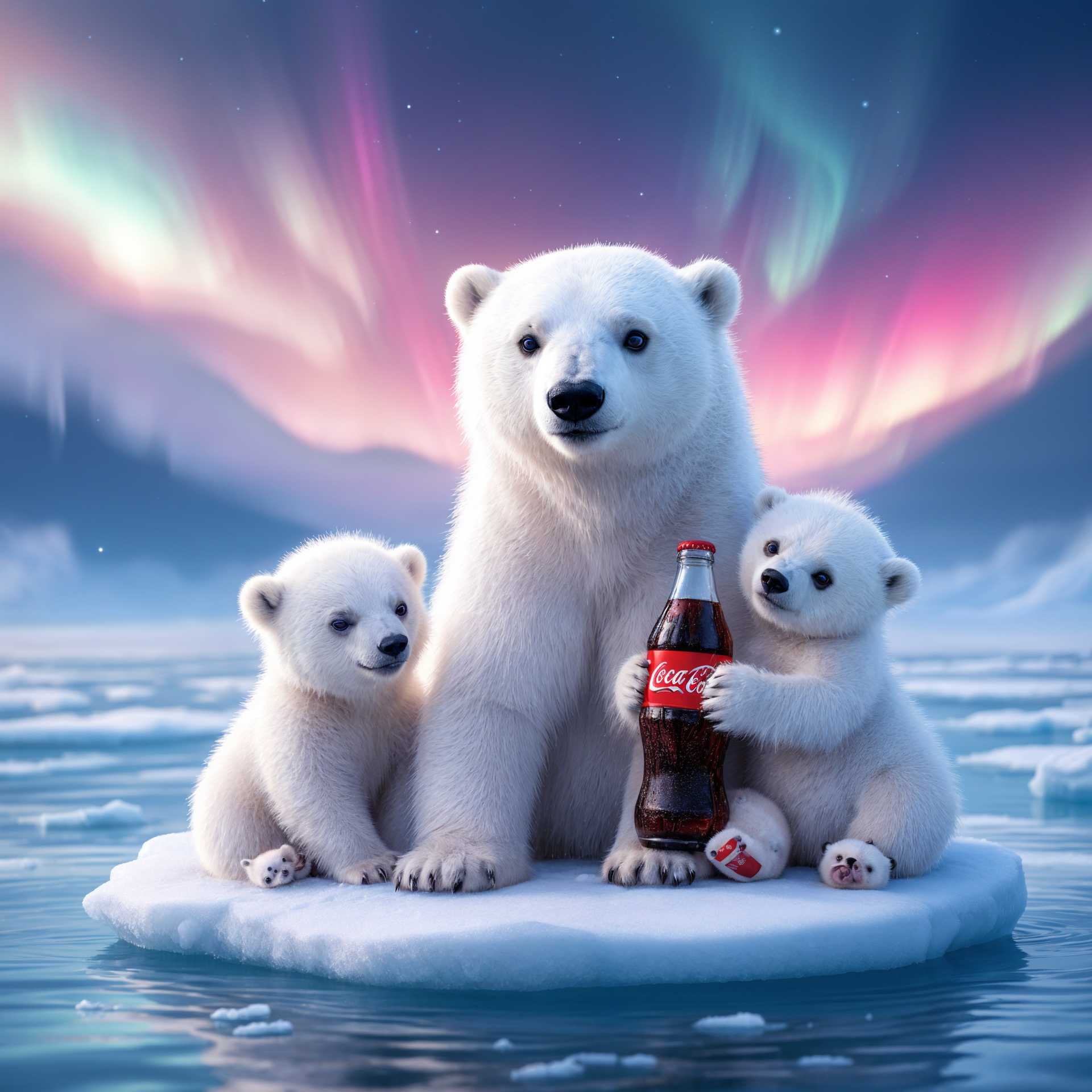 AI-generated image: an adorable whimsical polar bear mother holding a bottle of Coca Cola and her 2 cubs looking at the 