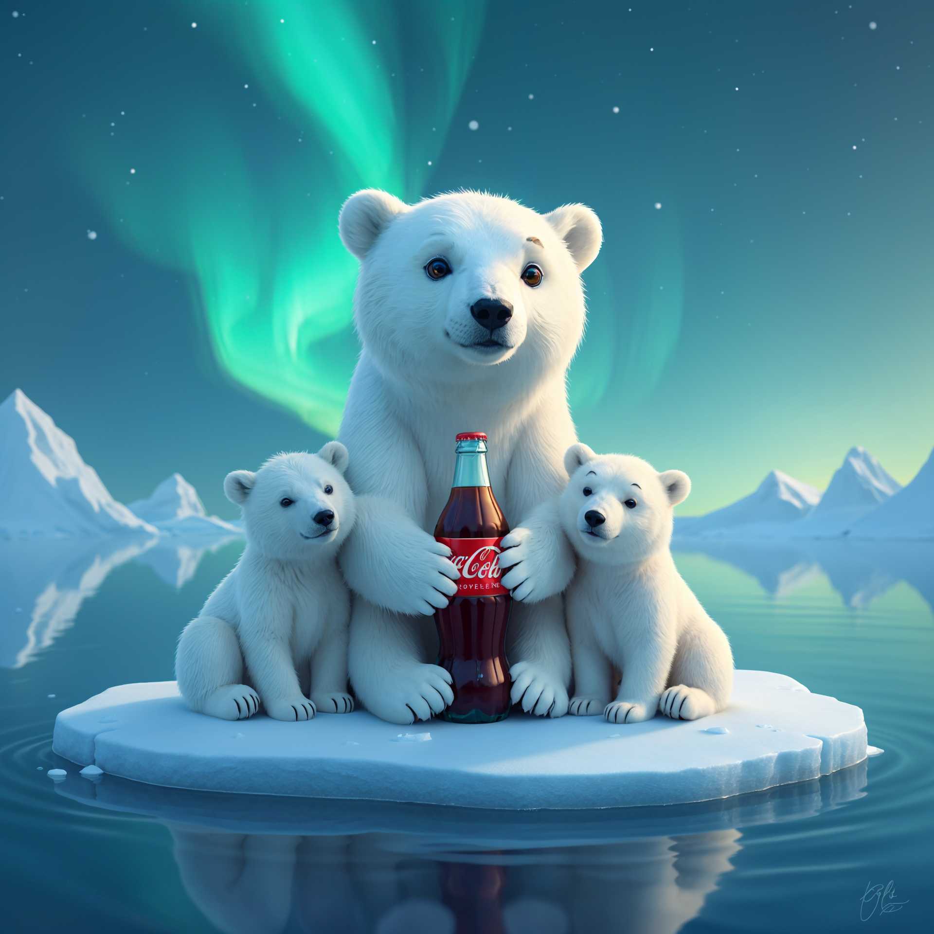 AI-generated image: an adorable whimsical polar bear mother holding a bottle of Coca Cola and her 2 cubs looking at the