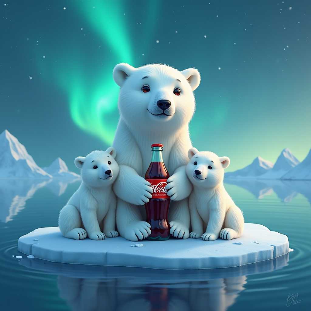 an adorable whimsical polar bear mother holding a bottle of Coca Cola and her 2 cubs looking at the viewer, background northern lights, they sit on an ice floe in the sea, photorealistic, hyper-realism, hd, 8k
