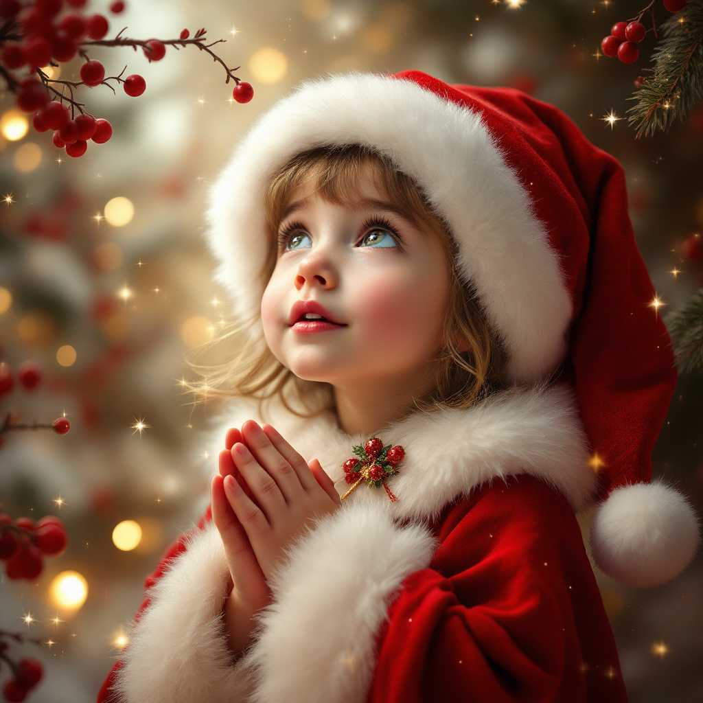This photo is a captivating portrayal of a young child, likely a girl, dressed in a festive Santa hat and cloak, immersed in a magical Christmas setting. The child is gazing upwards with a look of wonder and anticipation, her hands gently clasped together in a gesture that suggests she is in the midst of making a wish or lost in thought.The art style of the image is whimsical and dreamlike, with a focus on soft lighting and a gentle glow that creates a warm, enchanting atmosphere. The medium appears to be a digital painting, given the smooth blending of colors and the seamless transitions between elements.The colors in the image are rich and vibrant, with a predominance of reds, whites, and golds, which are traditional Christmas colors. The reds of the berries and the cloak provide a bold contrast to the white fur trim of the hat and cloak, while the golds of the lights and sparkles add a touch of luxury and celebration. The childs skin is rendered with a delicate blush, and the whites of her eyes are highlighted with a touch of blue, giving her a look of innocence and curiosity.The objects in the image are numerous and contribute to the magical Christmas theme. The child is wearing a Santa hat with a fluffy white rim and a red band, which is a classic symbol of the holiday season. The cloak is also red with white fur trim, echoing the hats design. Around the child, there are clusters of red berries, which are often associated with Christmas decorations. Scattered throughout the image are twinkling lights, resembling fairy lights, which cast a warm, inviting glow and add to the magical ambiance. The background is filled with a myriad of golden sparkles and bokeh effects, creating a sense of magic and wonder.Overall, the image is a heartwarming and enchanting depiction of a childs Christmas dreams, filled with festive colors, magical lighting, and holiday symbols.