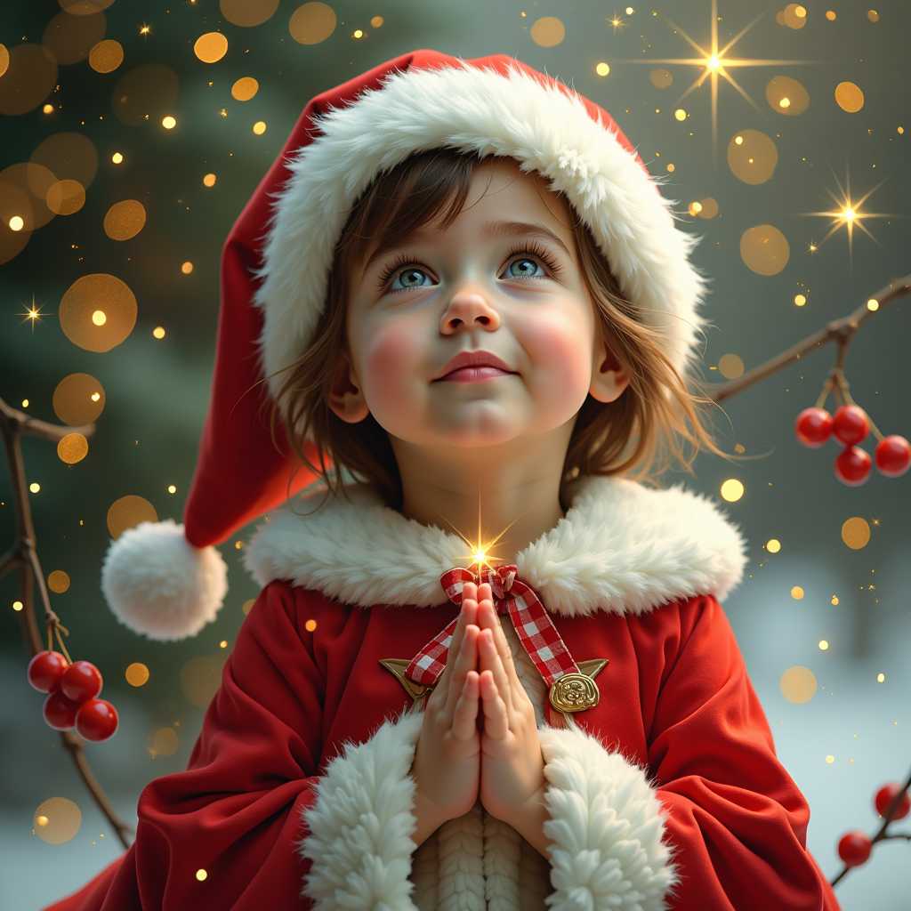 This photo is a captivating portrayal of a young child, likely a girl, dressed in a festive Santa hat and cloak, immersed in a magical Christmas setting. The child is gazing upwards with a look of wonder and anticipation, her hands gently clasped together in a gesture that suggests she is in the midst of making a wish or lost in thought.The art style of the image is whimsical and dreamlike, with a focus on soft lighting and a gentle glow that creates a warm, enchanting atmosphere. The medium appears to be a digital painting, given the smooth blending of colors and the seamless transitions between elements.The colors in the image are rich and vibrant, with a predominance of reds, whites, and golds, which are traditional Christmas colors. The reds of the berries and the cloak provide a bold contrast to the white fur trim of the hat and cloak, while the golds of the lights and sparkles add a touch of luxury and celebration. The childs skin is rendered with a delicate blush, and the whites of her eyes are highlighted with a touch of blue, giving her a look of innocence and curiosity.The objects in the image are numerous and contribute to the magical Christmas theme. The child is wearing a Santa hat with a fluffy white rim and a red band, which is a classic symbol of the holiday season. The cloak is also red with white fur trim, echoing the hats design. Around the child, there are clusters of red berries, which are often associated with Christmas decorations. Scattered throughout the image are twinkling lights, resembling fairy lights, which cast a warm, inviting glow and add to the magical ambiance. The background is filled with a myriad of golden sparkles and bokeh effects, creating a sense of magic and wonder.Overall, the image is a heartwarming and enchanting depiction of a childs Christmas dreams, filled with festive colors, magical lighting, and holiday symbols.